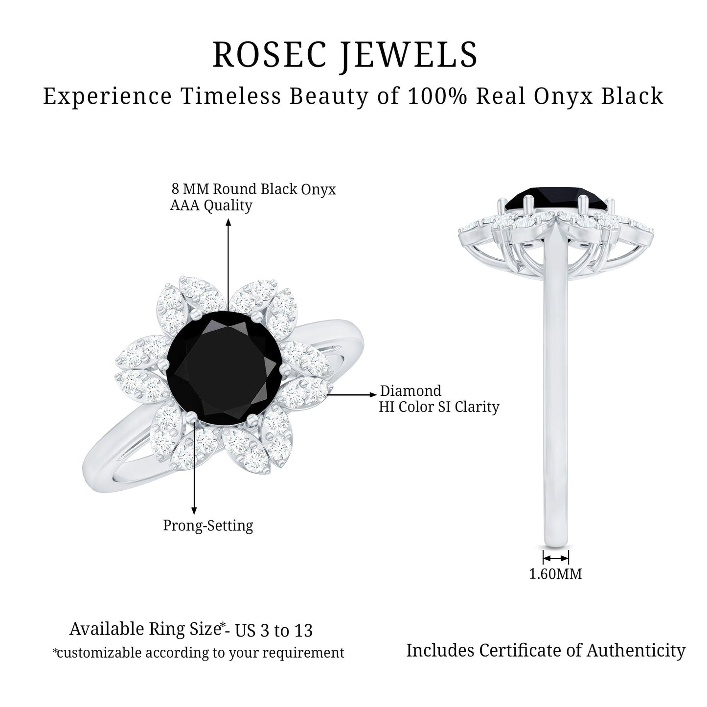 Genuine Round Cut Black Onyx Flower Engagement Ring with Diamonds