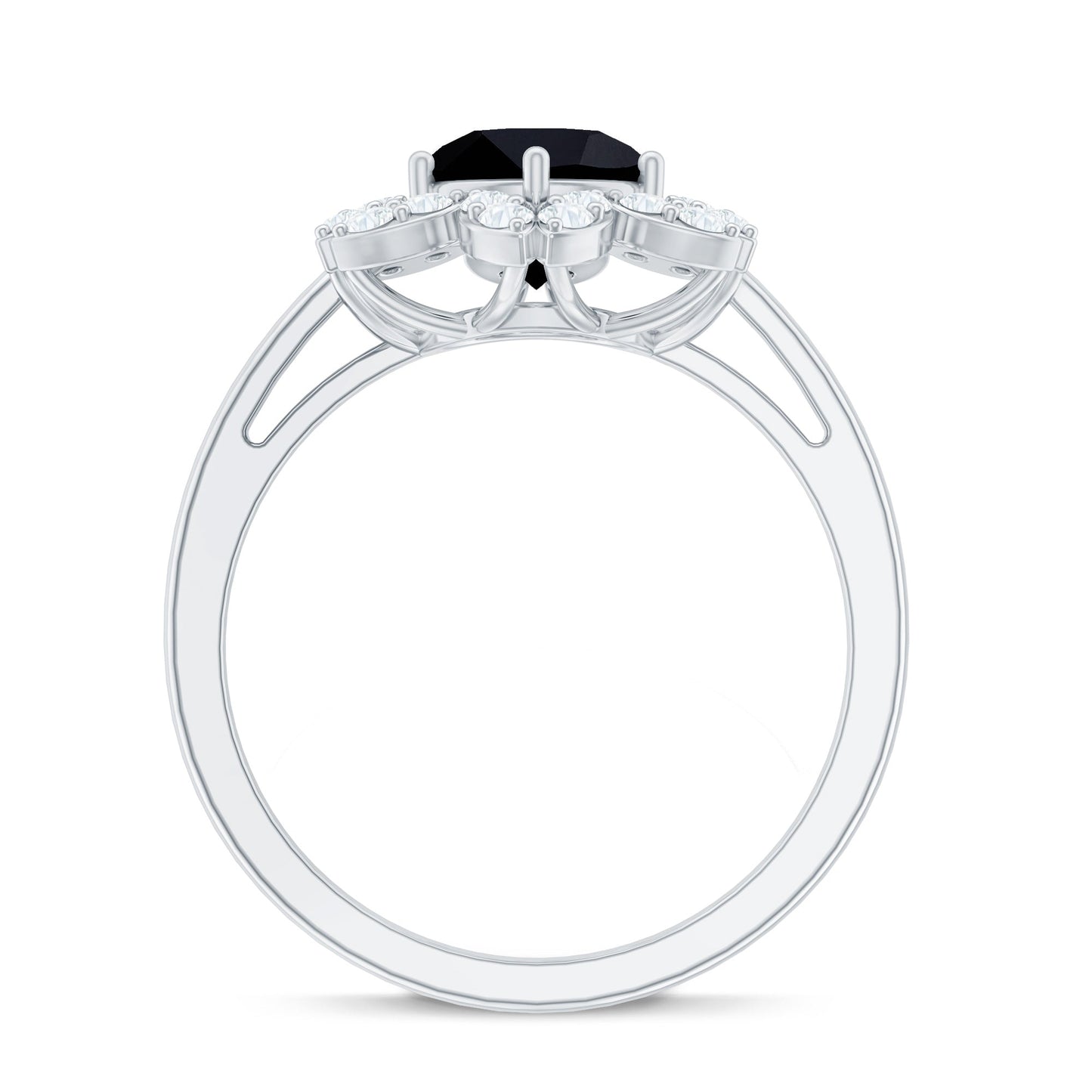 Genuine Round Cut Black Onyx Flower Engagement Ring with Diamonds