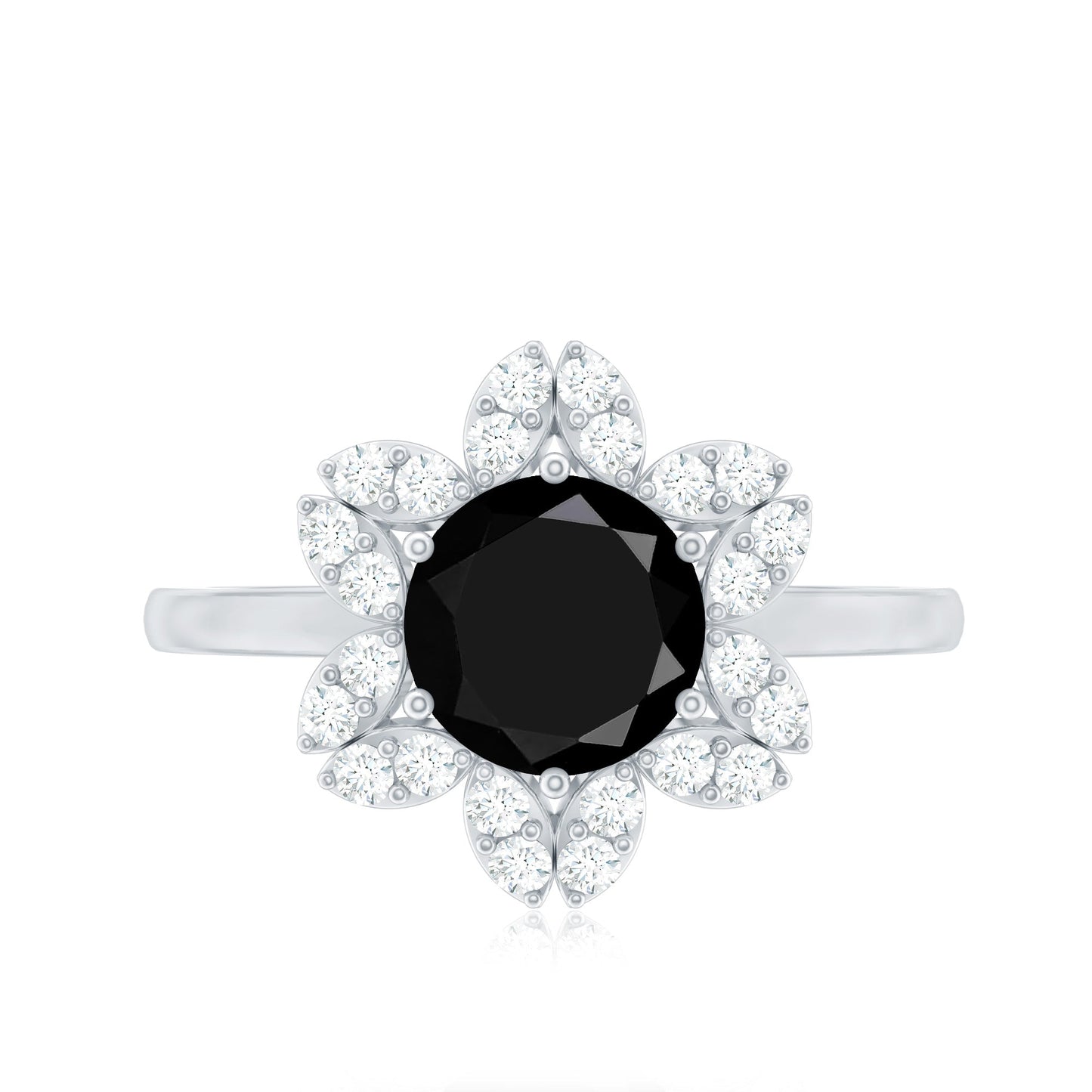 Genuine Round Cut Black Onyx Flower Engagement Ring with Diamonds