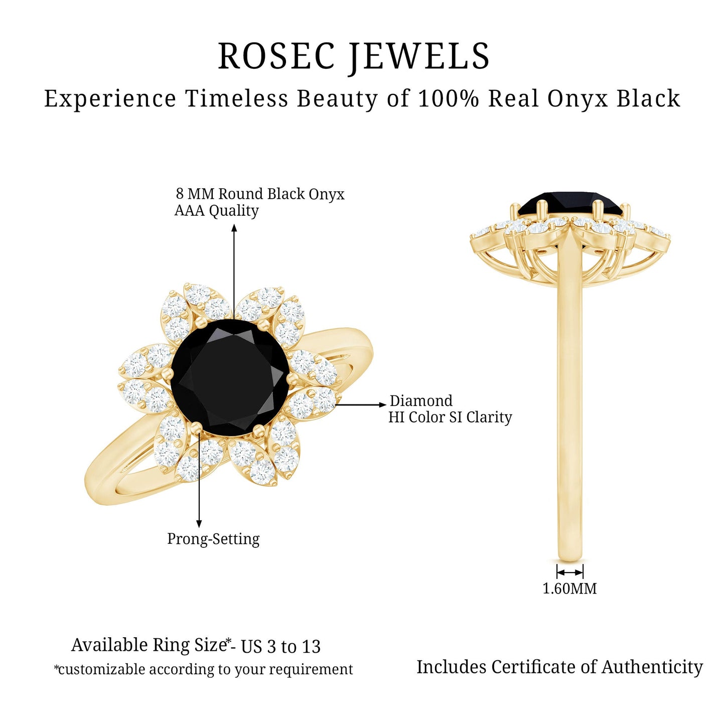 Genuine Round Cut Black Onyx Flower Engagement Ring with Diamonds