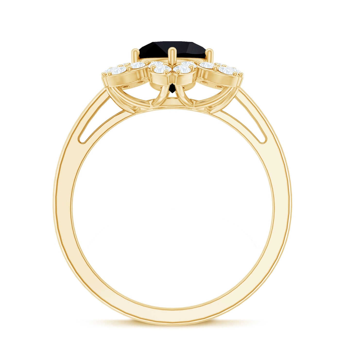 Genuine Round Cut Black Onyx Flower Engagement Ring with Diamonds