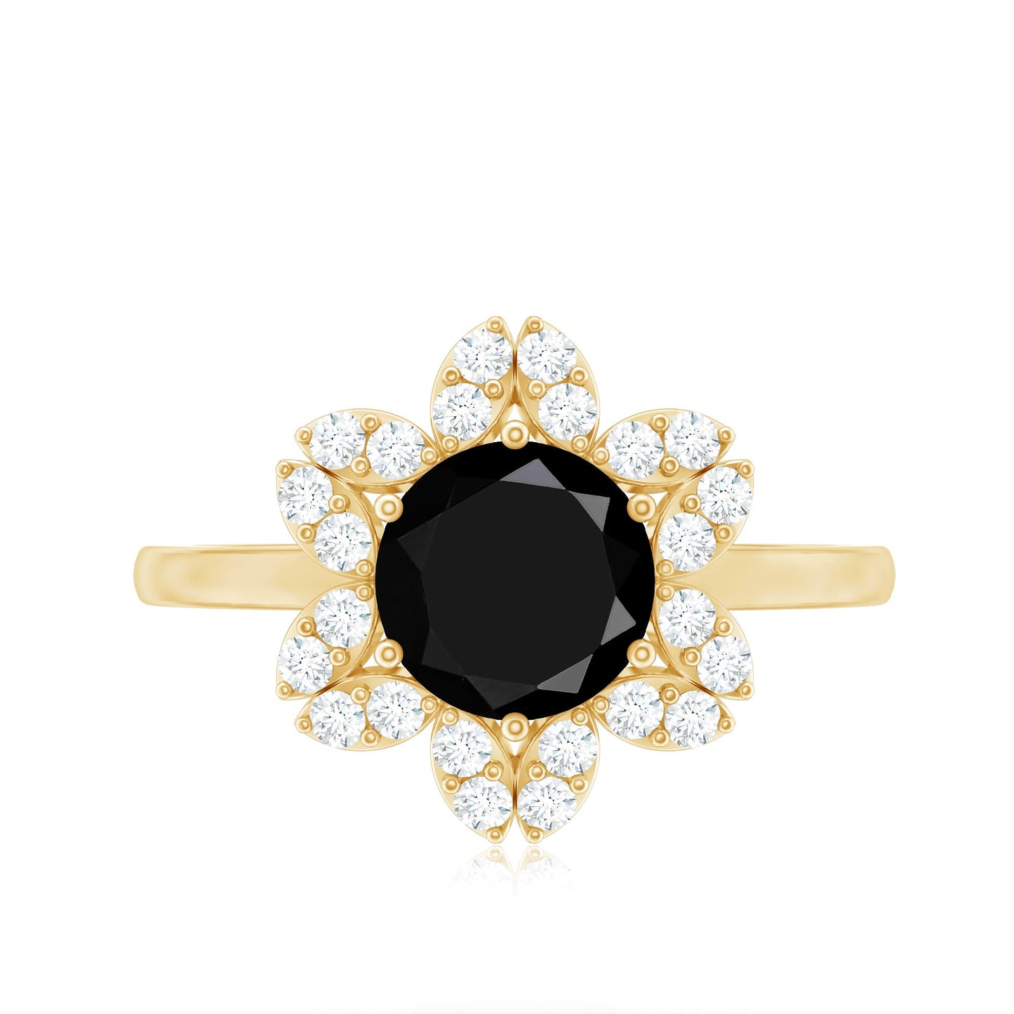 Genuine Round Cut Black Onyx Flower Engagement Ring with Diamonds
