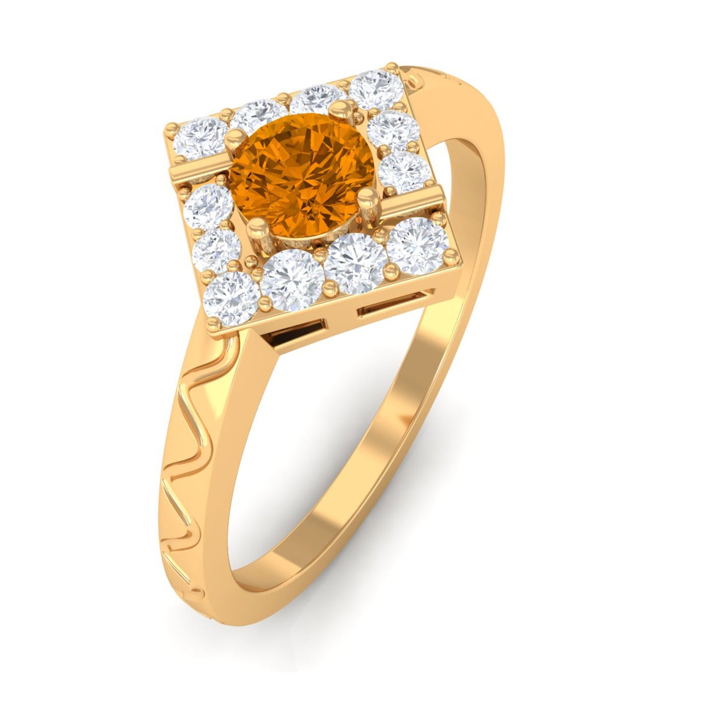 0.50 CT Round Shape Citrine Minimal Textured Ring with Diamond
