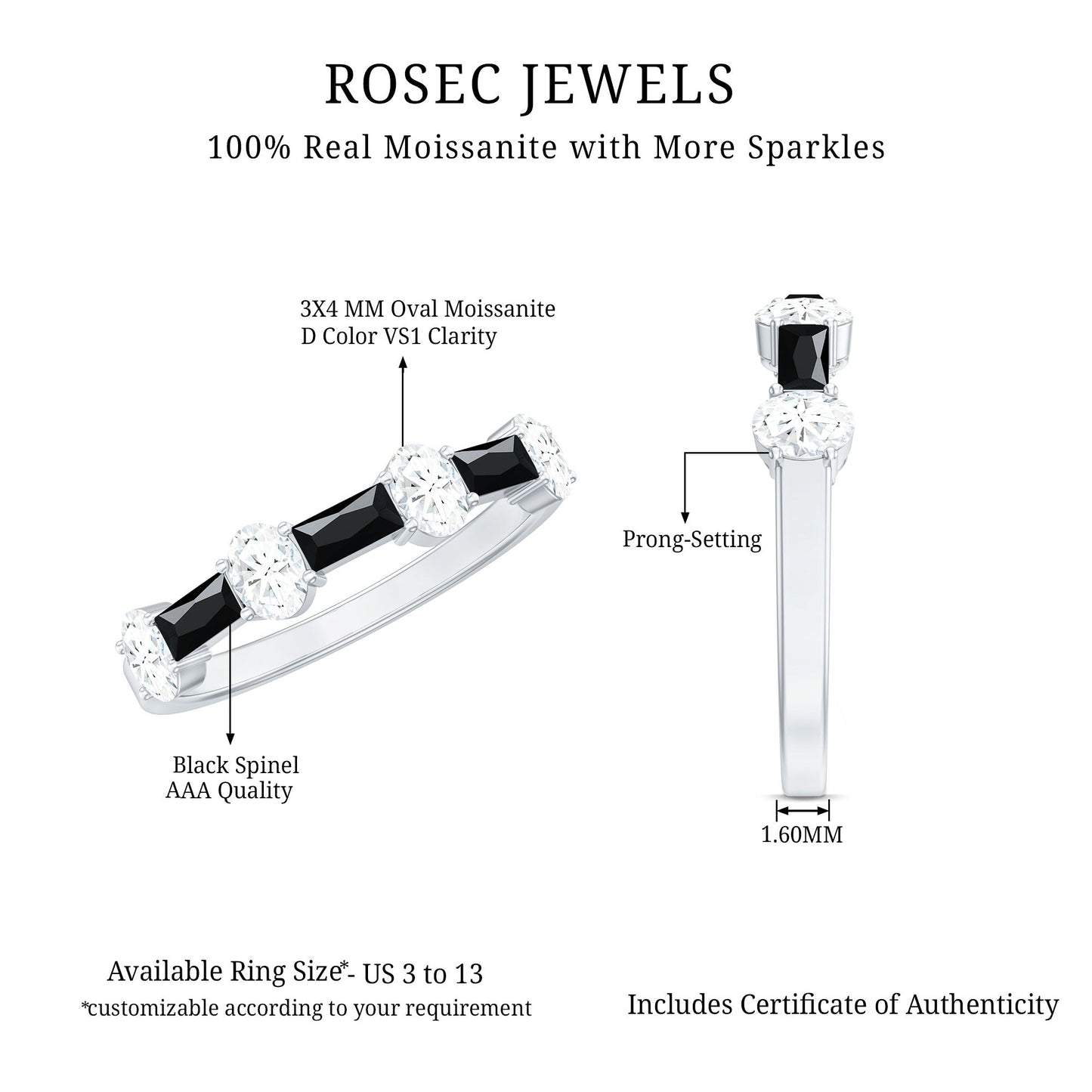 Certified Black Spinel and Moissanite Half Eternity Band Ring