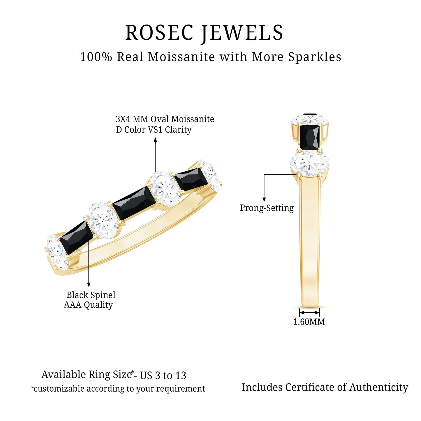 Certified Black Spinel and Moissanite Half Eternity Band Ring