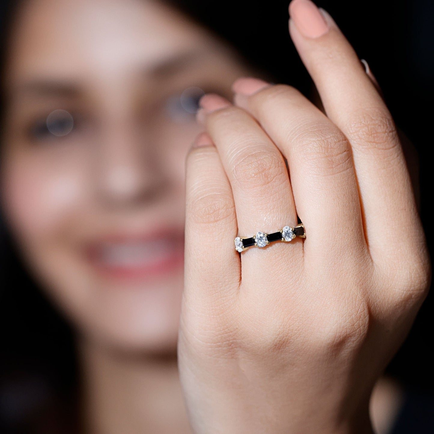 Certified Black Spinel and Moissanite Half Eternity Band Ring