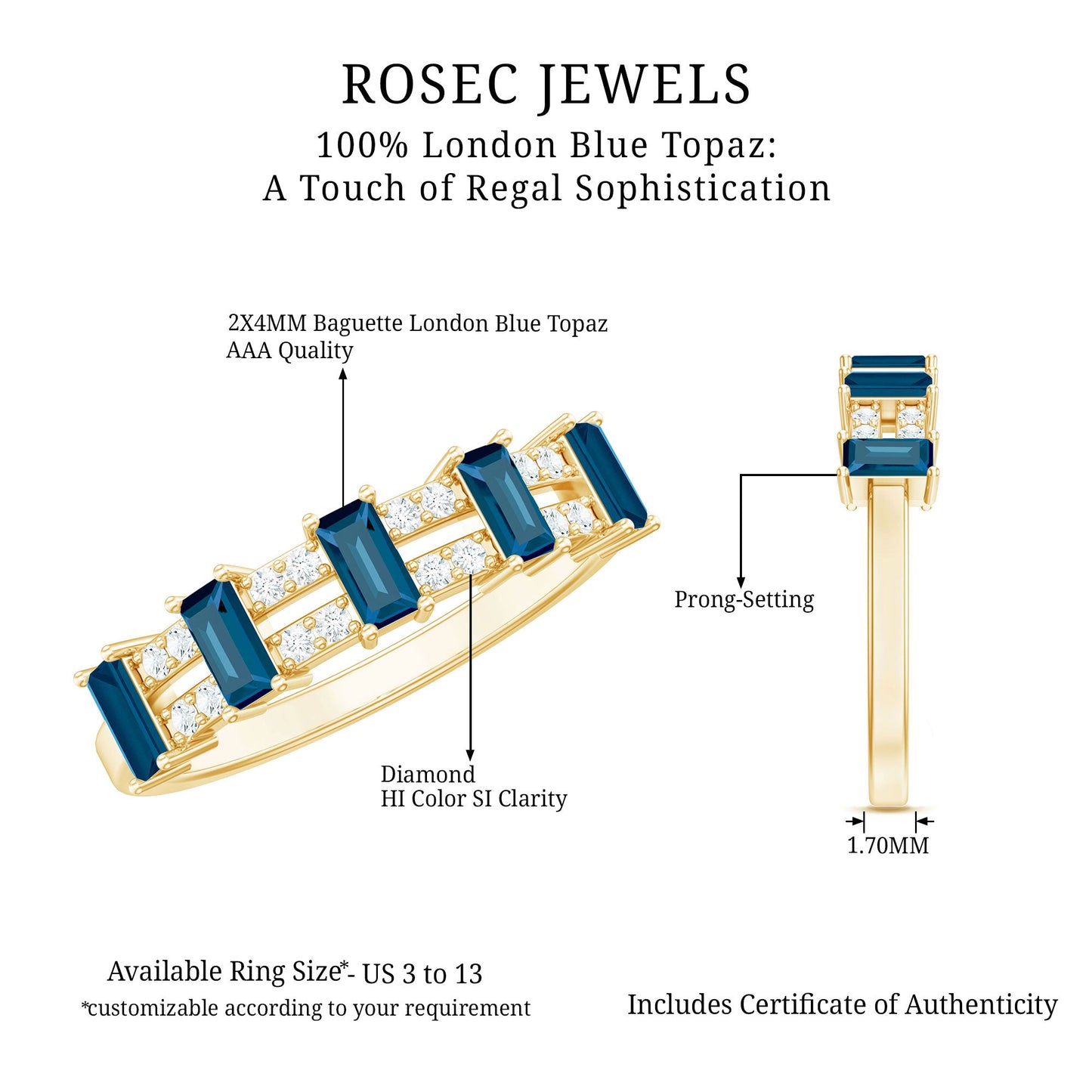 Baguette London Blue Topaz Half Eternity Band with Diamond