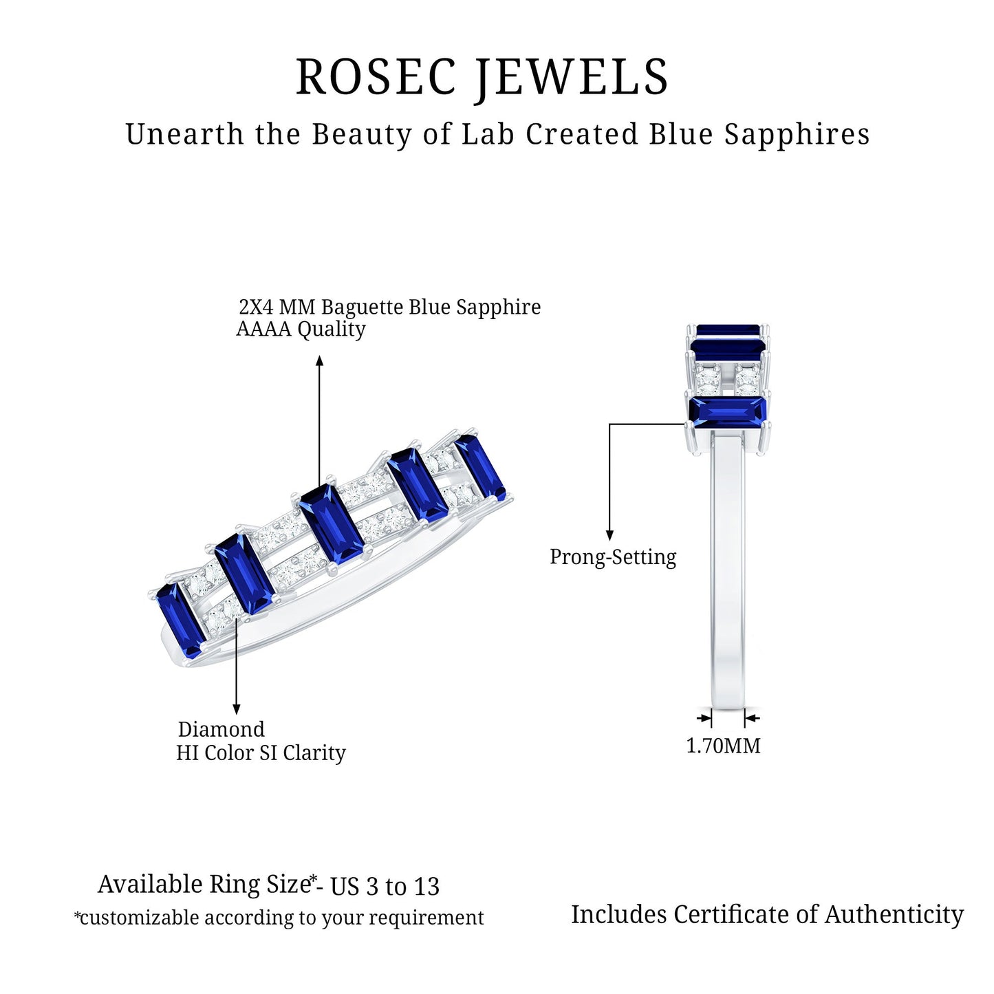 Certified Baguette Lab Grown Blue Sapphire Half Eternity Band Ring with Diamond