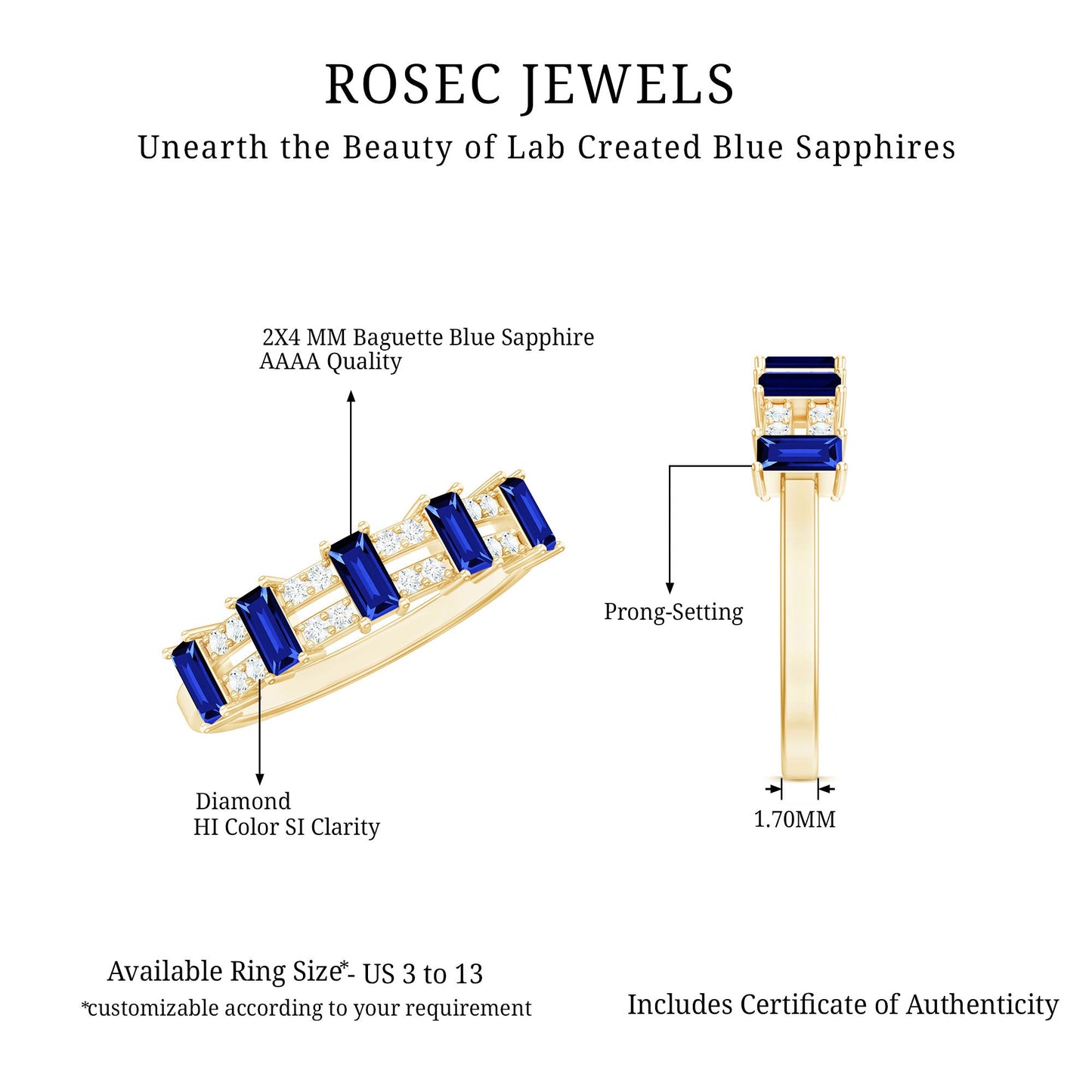 Certified Baguette Lab Grown Blue Sapphire Half Eternity Band Ring with Diamond