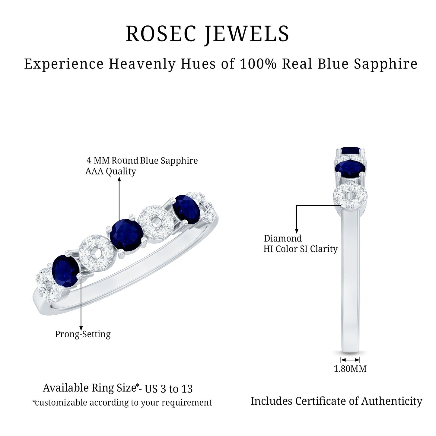 Blue Sapphire and Diamond Semi Eternity Ring