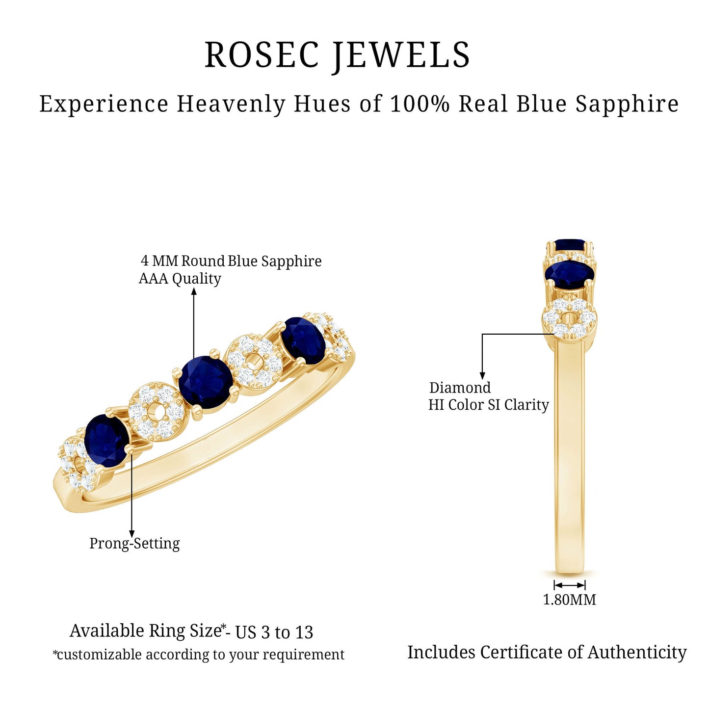 Blue Sapphire and Diamond Semi Eternity Ring