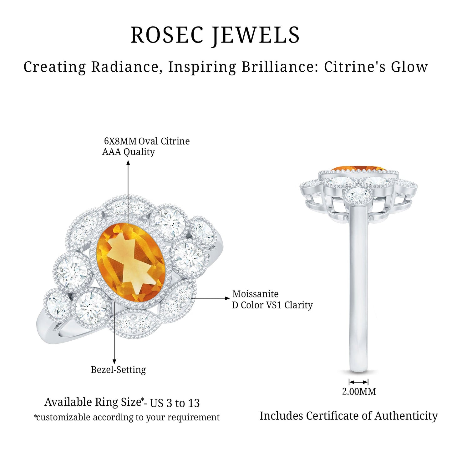 Vintage Looking Citrine Huge Engagement Ring with Moissanite