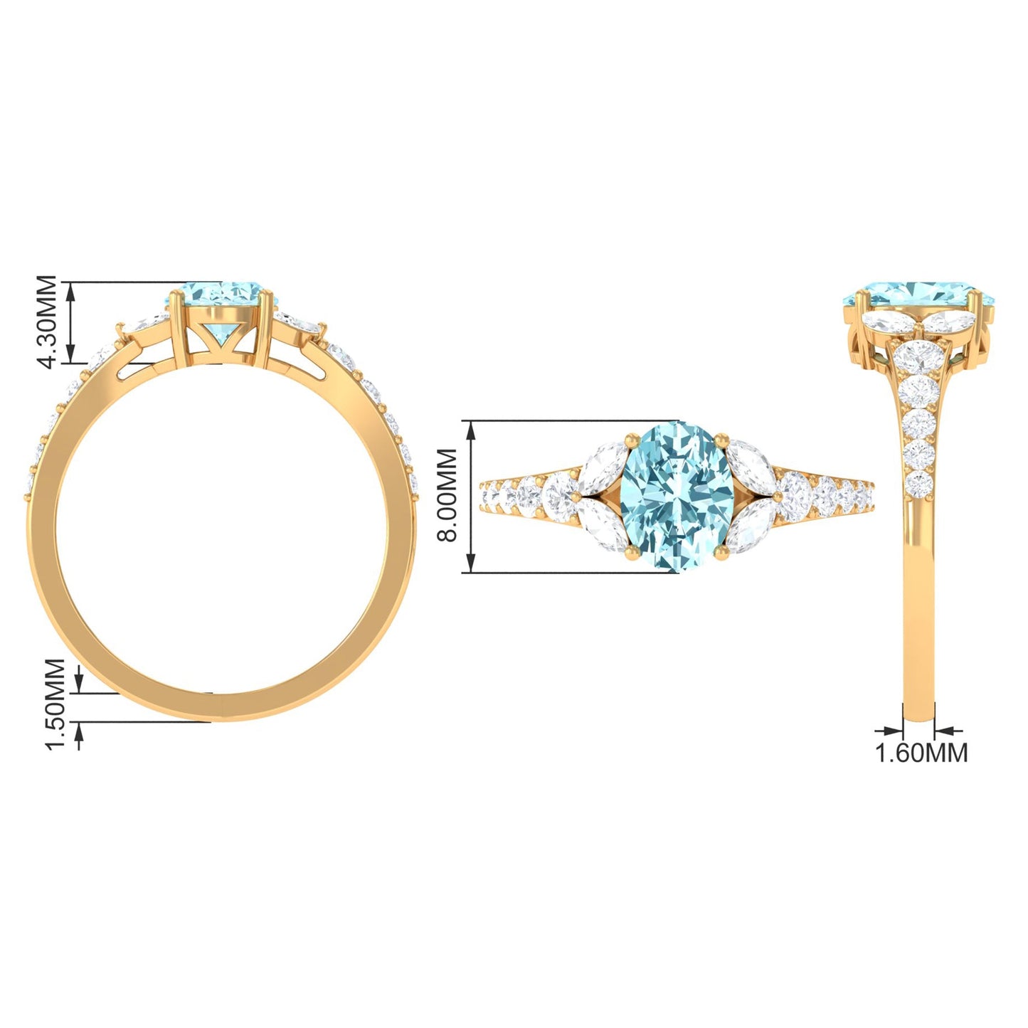 Split Shank Oval Aquamarine Solitaire Ring with Moissanite