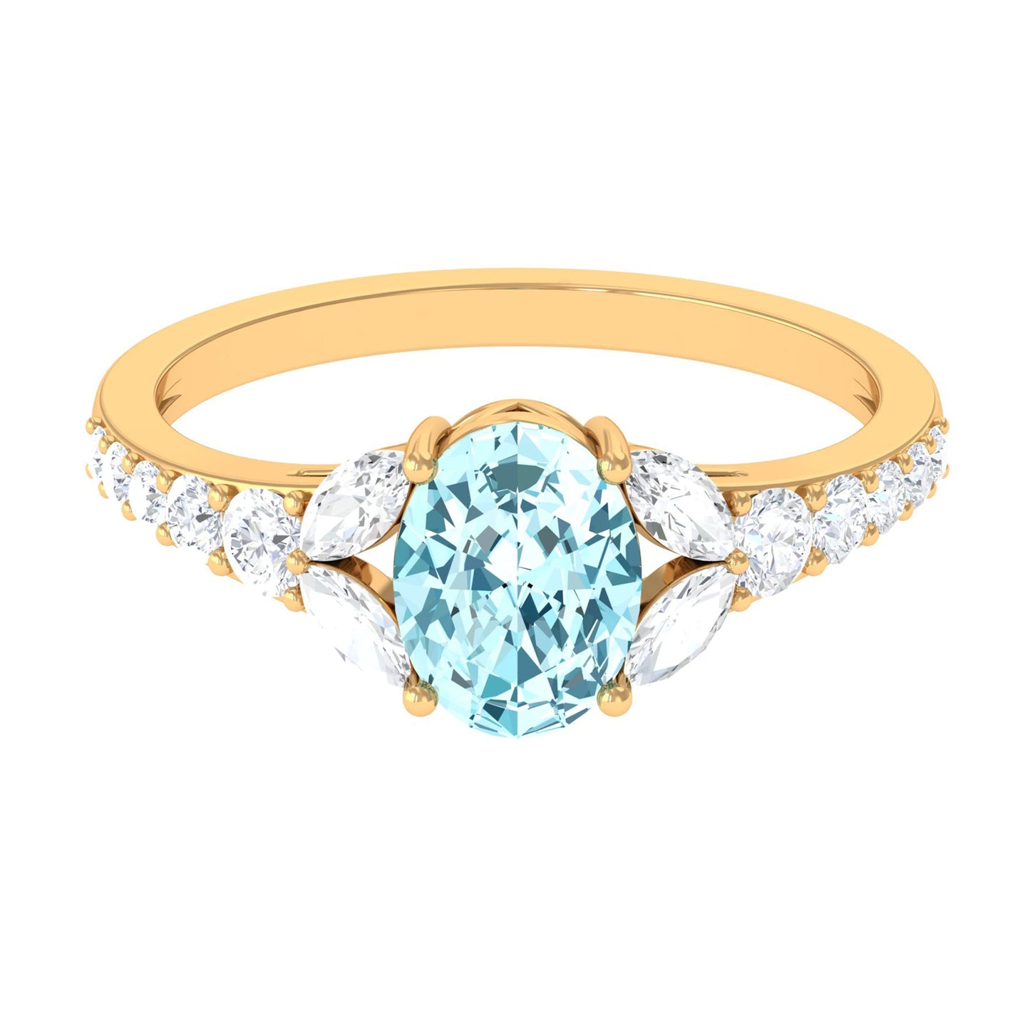 Split Shank Oval Aquamarine Solitaire Ring with Moissanite