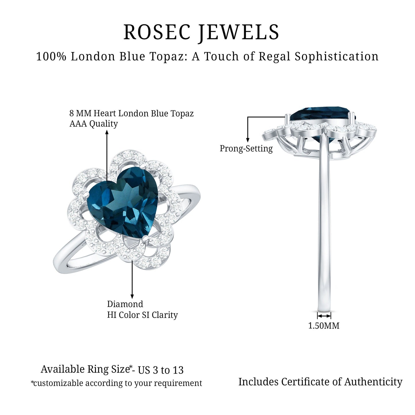 8mm Heart Shape London Blue Topaz Designer Engagement Ring with Diamond Halo