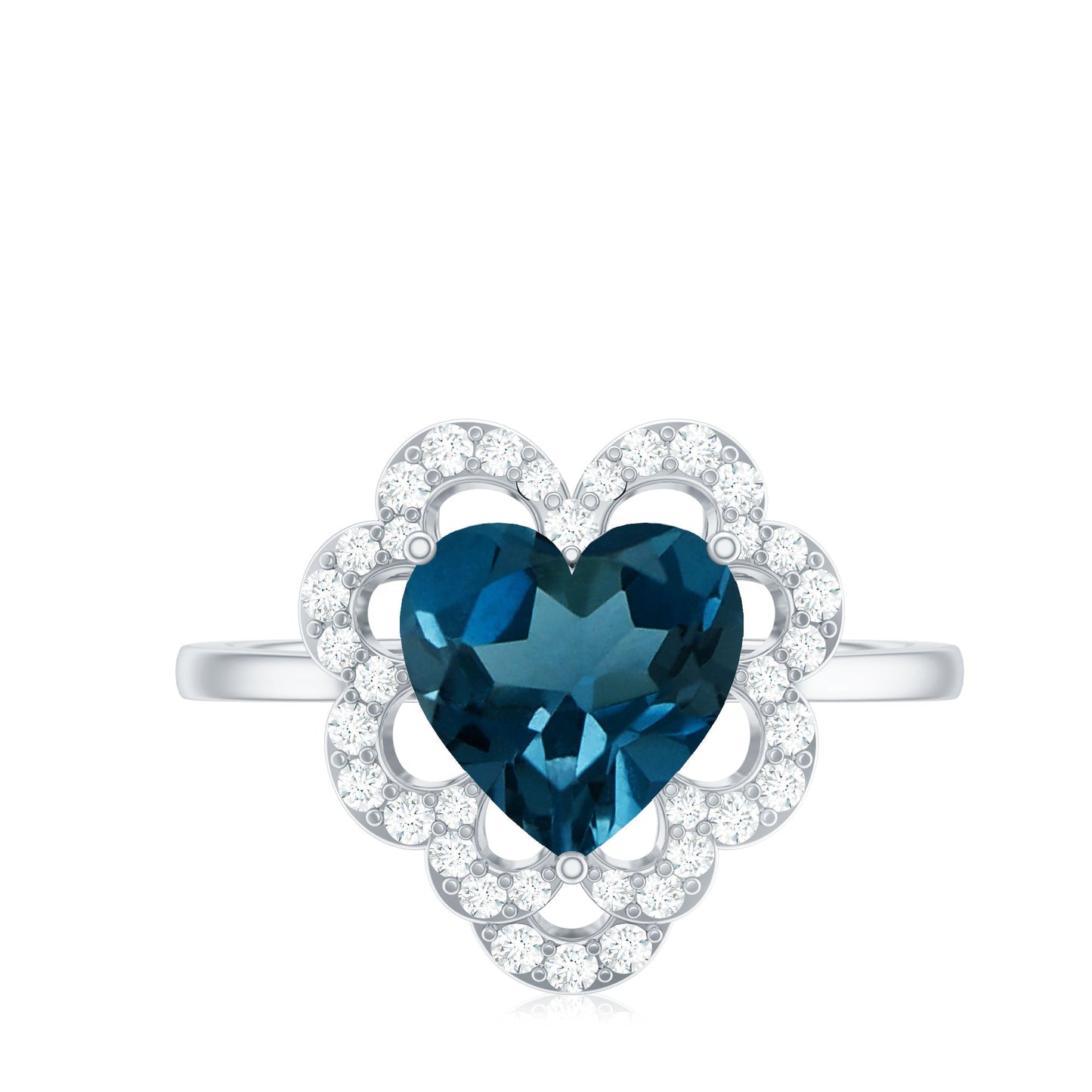 8mm Heart Shape London Blue Topaz Designer Engagement Ring with Diamond Halo