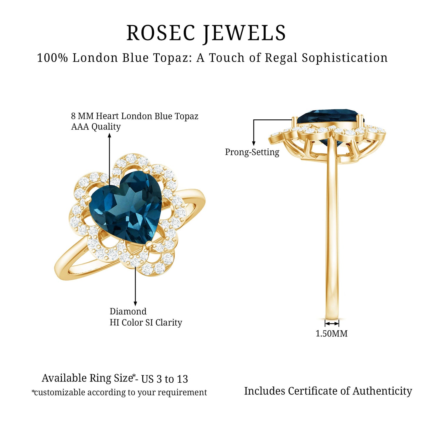 8mm Heart Shape London Blue Topaz Designer Engagement Ring with Diamond Halo