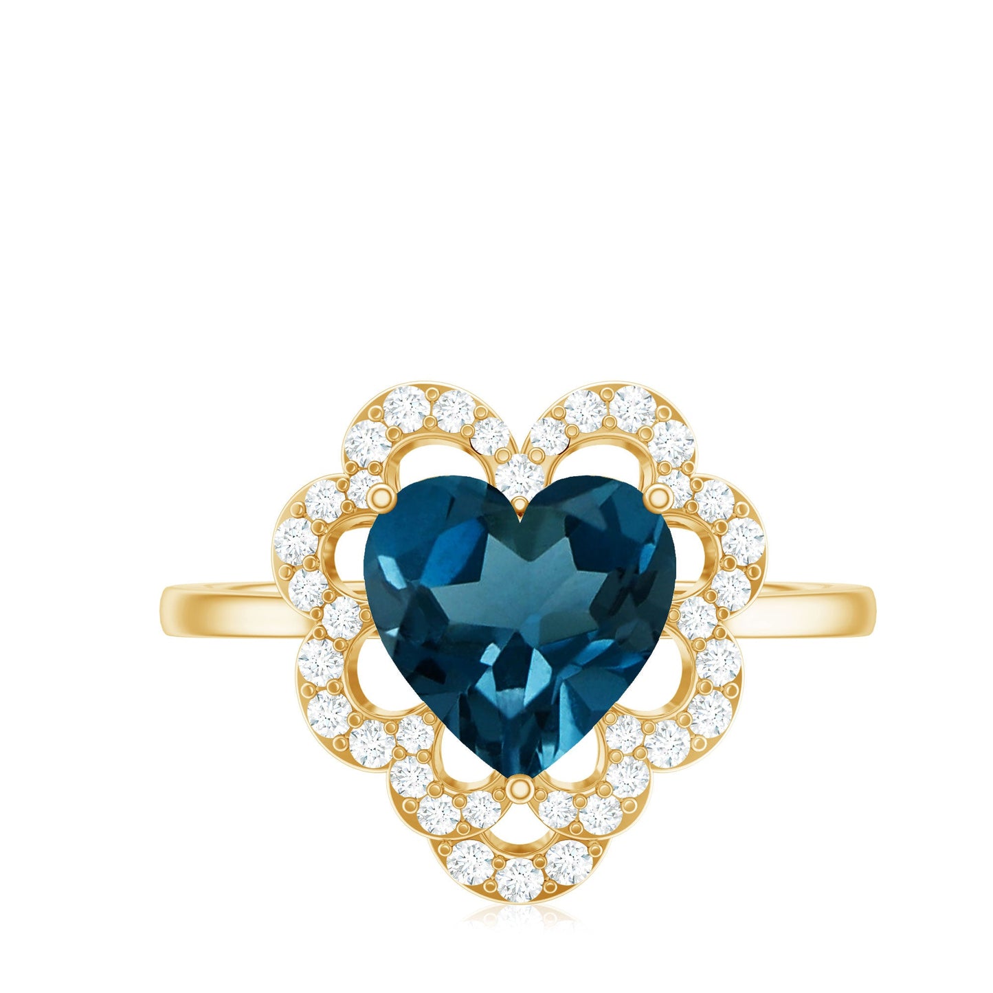 8mm Heart Shape London Blue Topaz Designer Engagement Ring with Diamond Halo