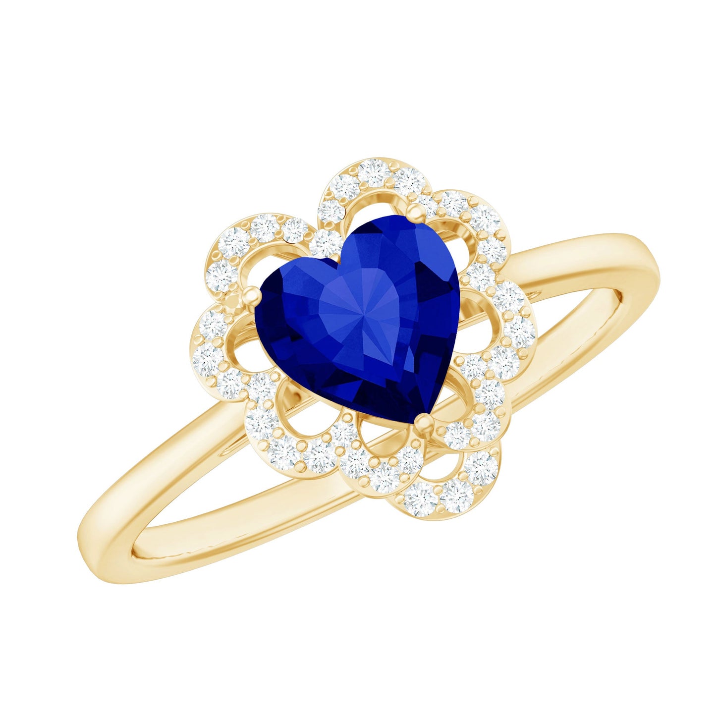 1 Carat Heart Lab Grown Blue Sapphire Designer Engagement Ring with Diamond