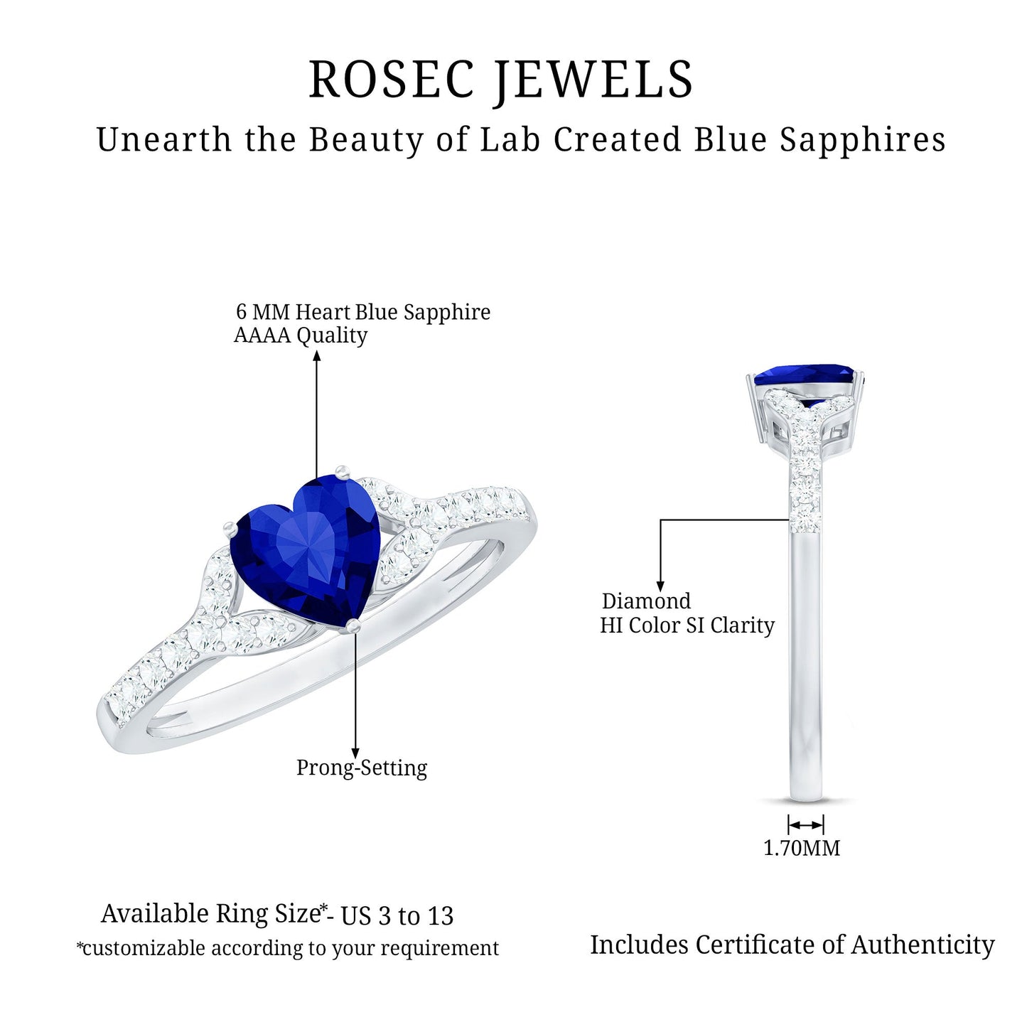 Certified 1 Carat Lab Grown Blue Sapphire Heart Engagement Ring with Real Diamond