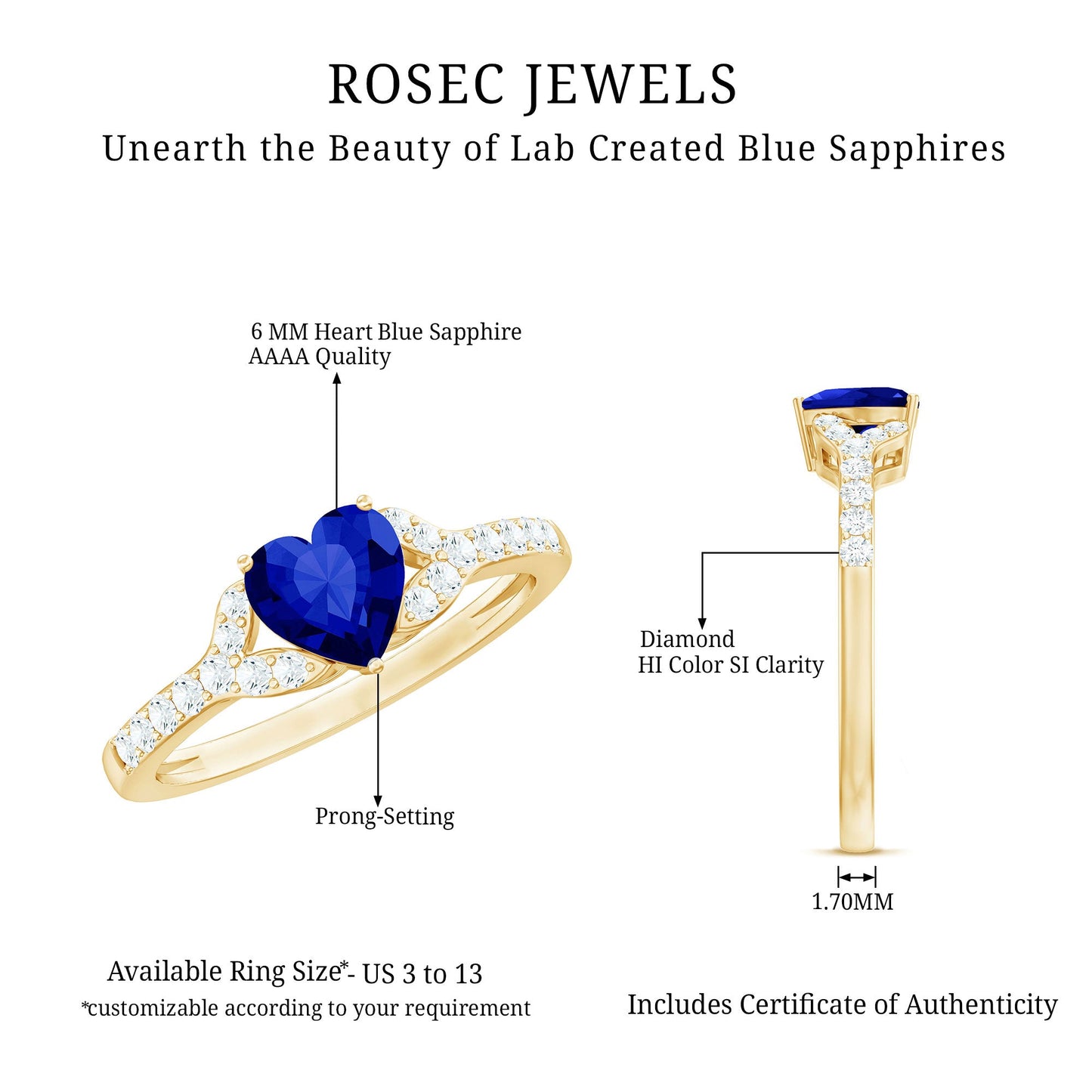 Certified 1 Carat Lab Grown Blue Sapphire Heart Engagement Ring with Real Diamond