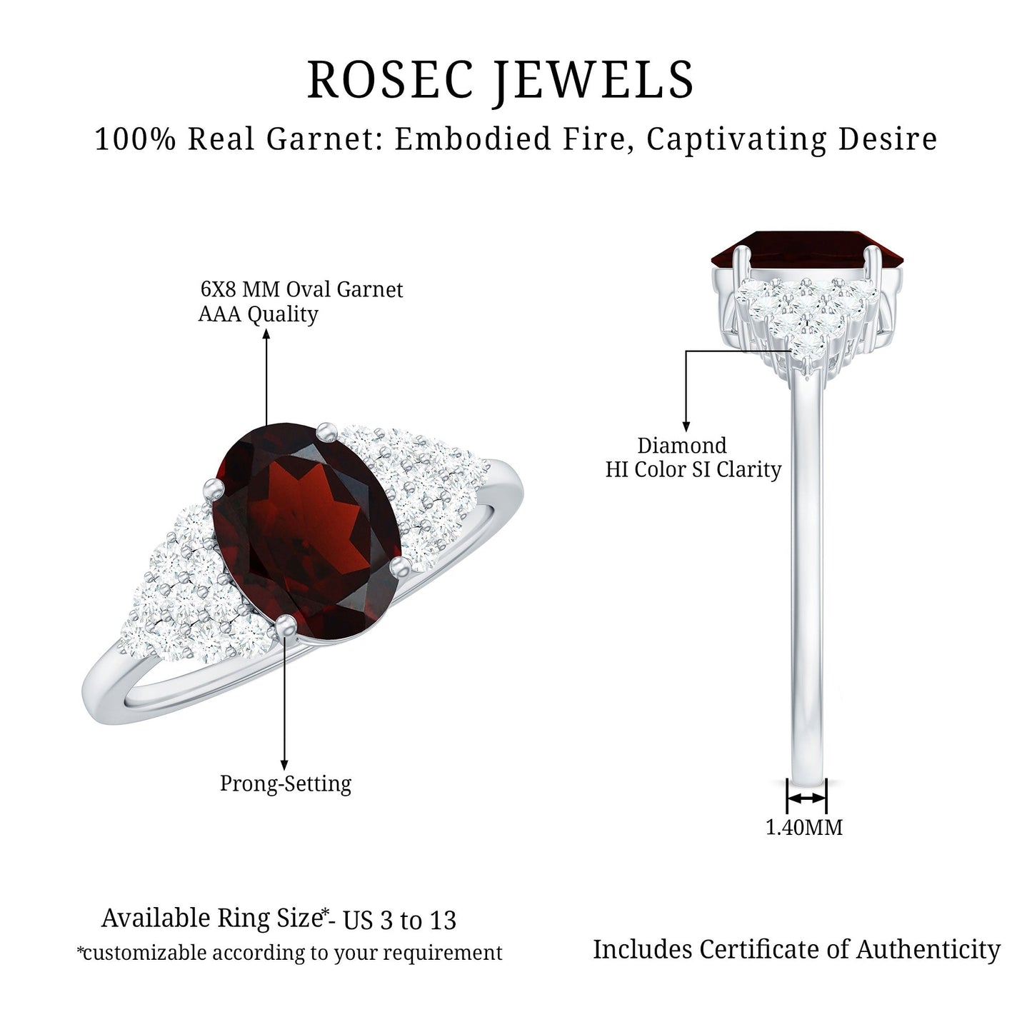 Certified Real 6X8mm Garnet Oval Engagement Ring with Diamond