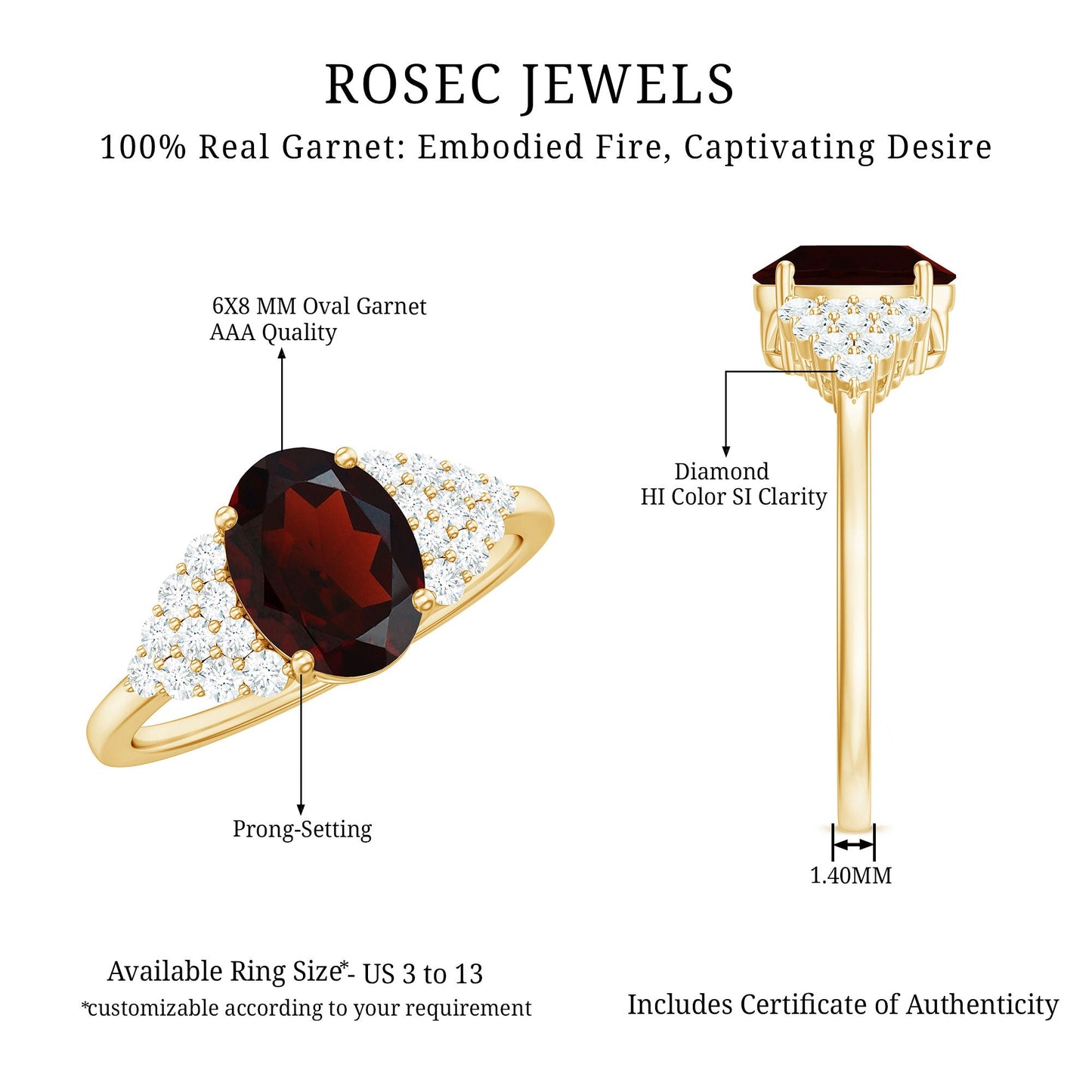 Certified Real 6X8mm Garnet Oval Engagement Ring with Diamond