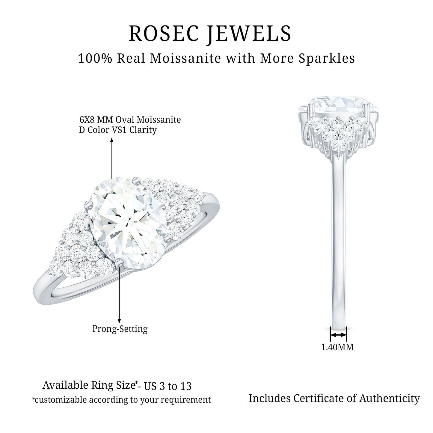 6X8 MM Oval Moissanite Engagement Ring with Cluster Side Stones
