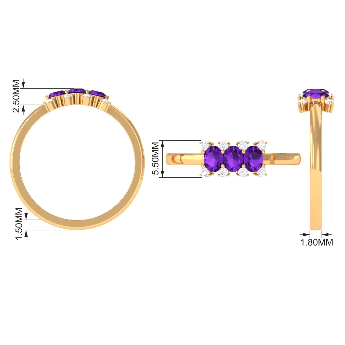 1/2 CT Oval Amethyst Three Stone Promise Ring with Diamond