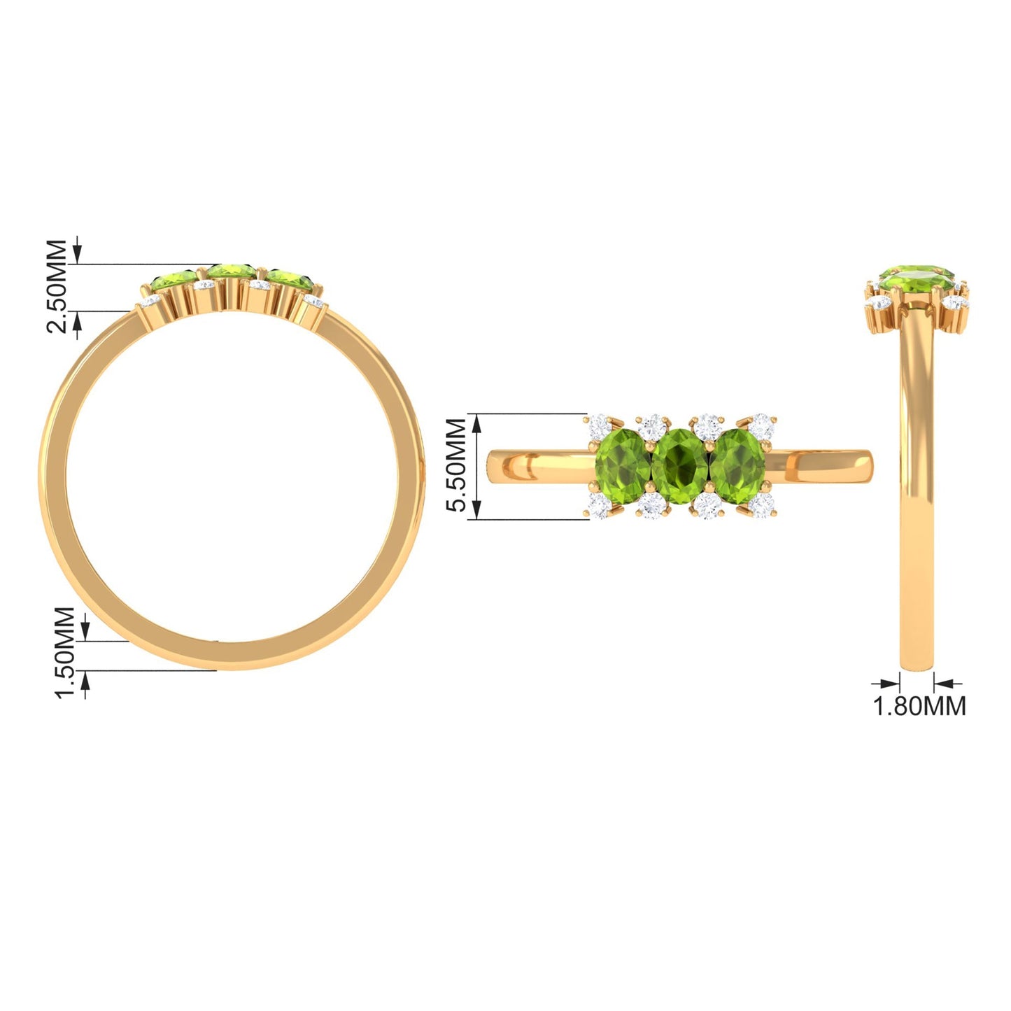 3/4 CT Oval Cut Peridot Three Stone Ring with Diamond Stones