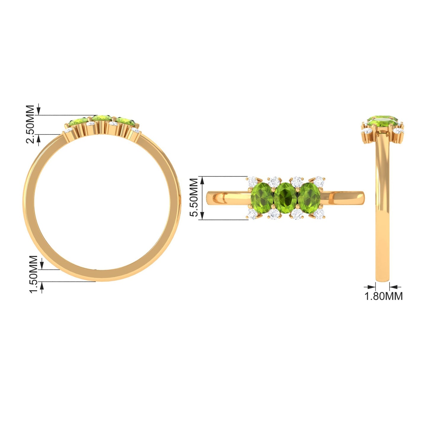 3/4 CT Oval Cut Peridot Three Stone Ring with Diamond Stones