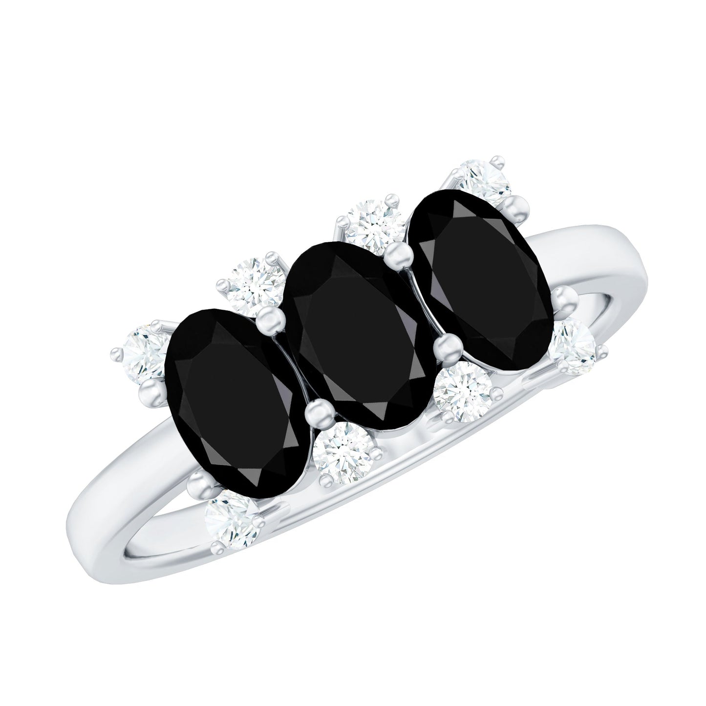 Natural Oval Black Spinel 3 Stone Engagement Ring with Diamond