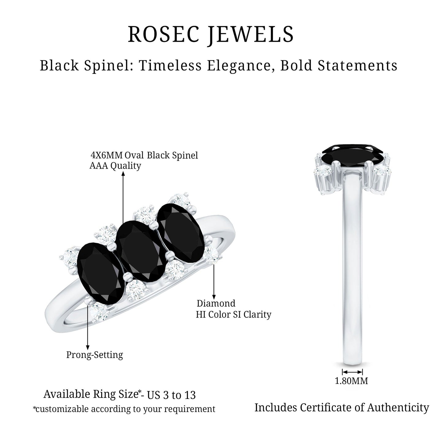 Natural Oval Black Spinel 3 Stone Engagement Ring with Diamond