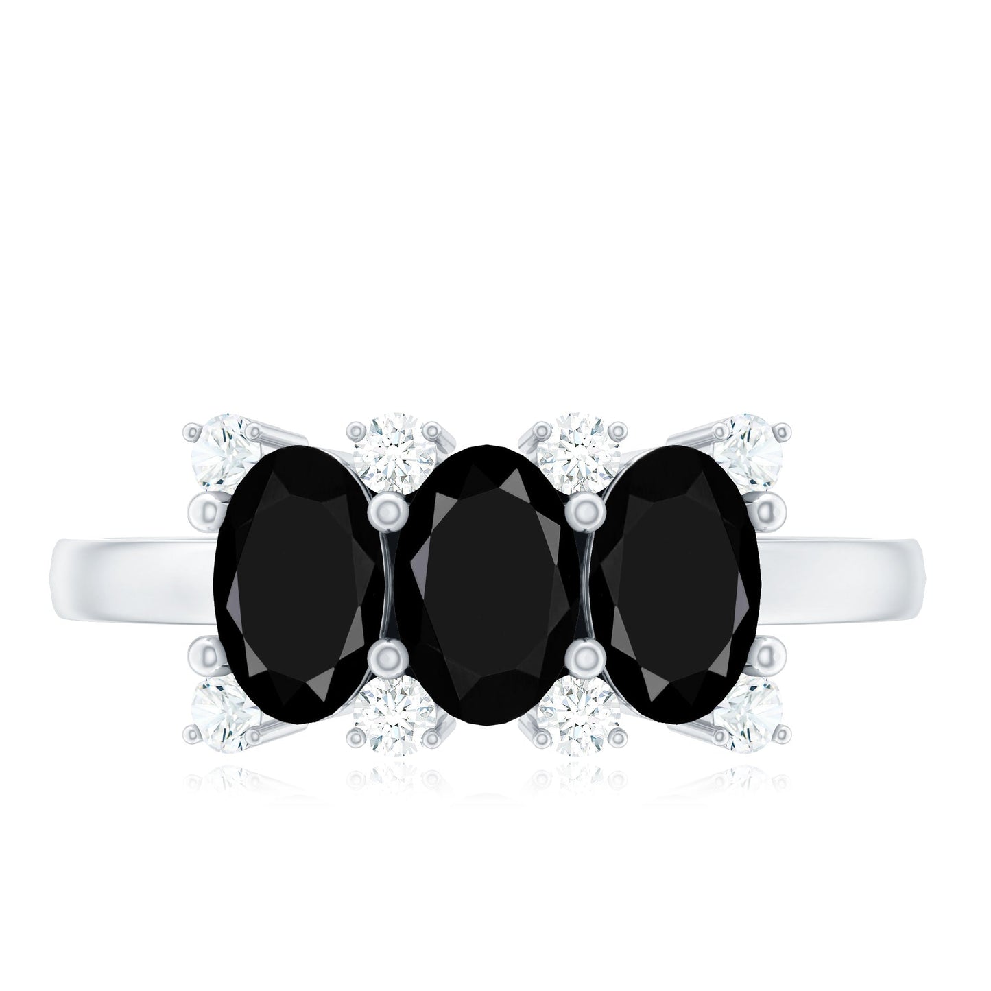 Natural Oval Black Spinel 3 Stone Engagement Ring with Diamond