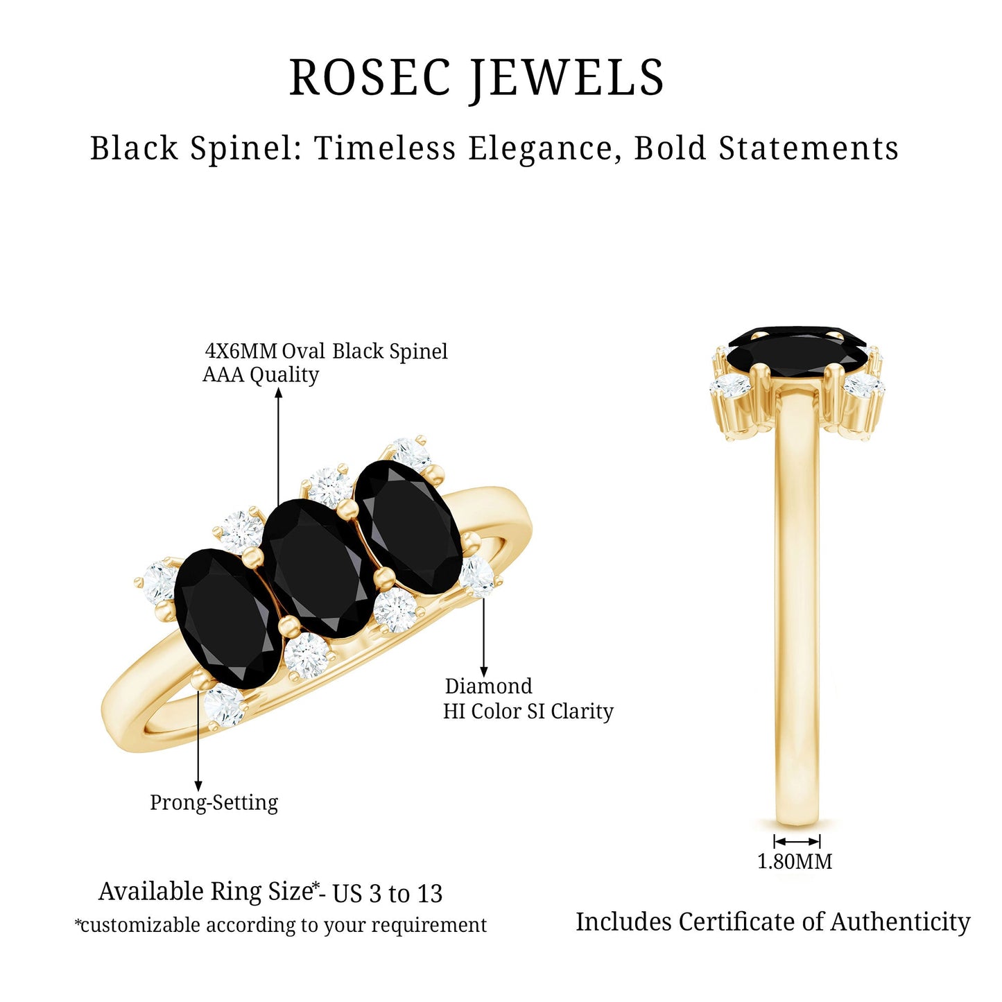 Natural Oval Black Spinel 3 Stone Engagement Ring with Diamond