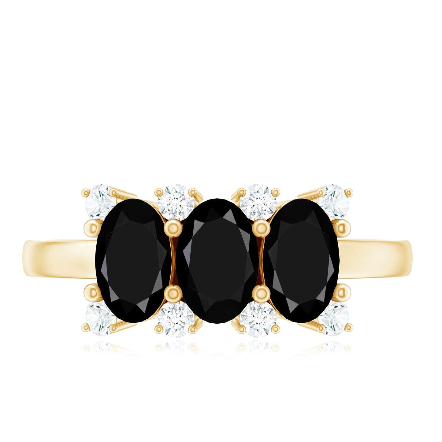 Natural Oval Black Spinel 3 Stone Engagement Ring with Diamond