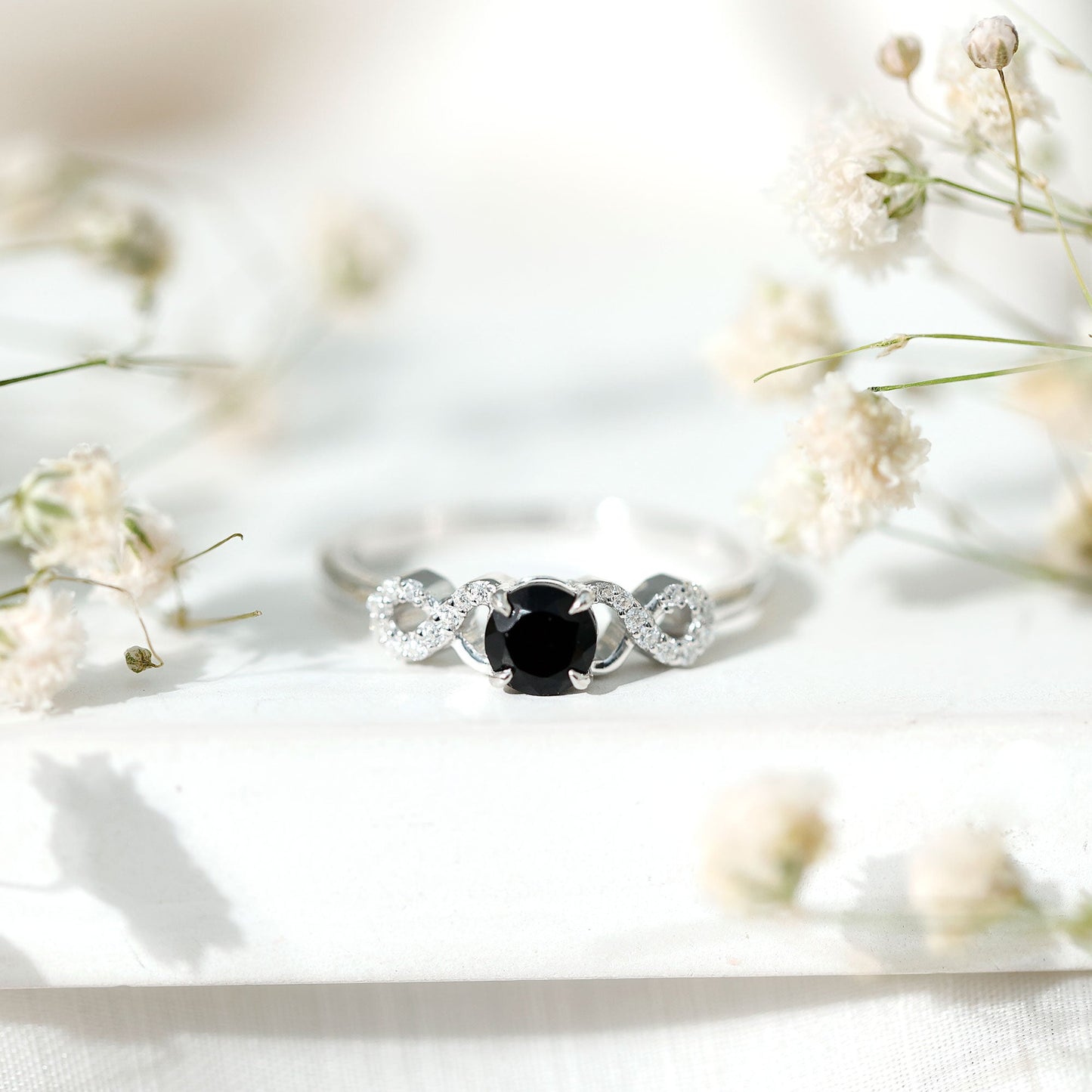Certified 0.8 Carat Lab Grown Black and White Diamond Engagement Ring with Infinity Knot