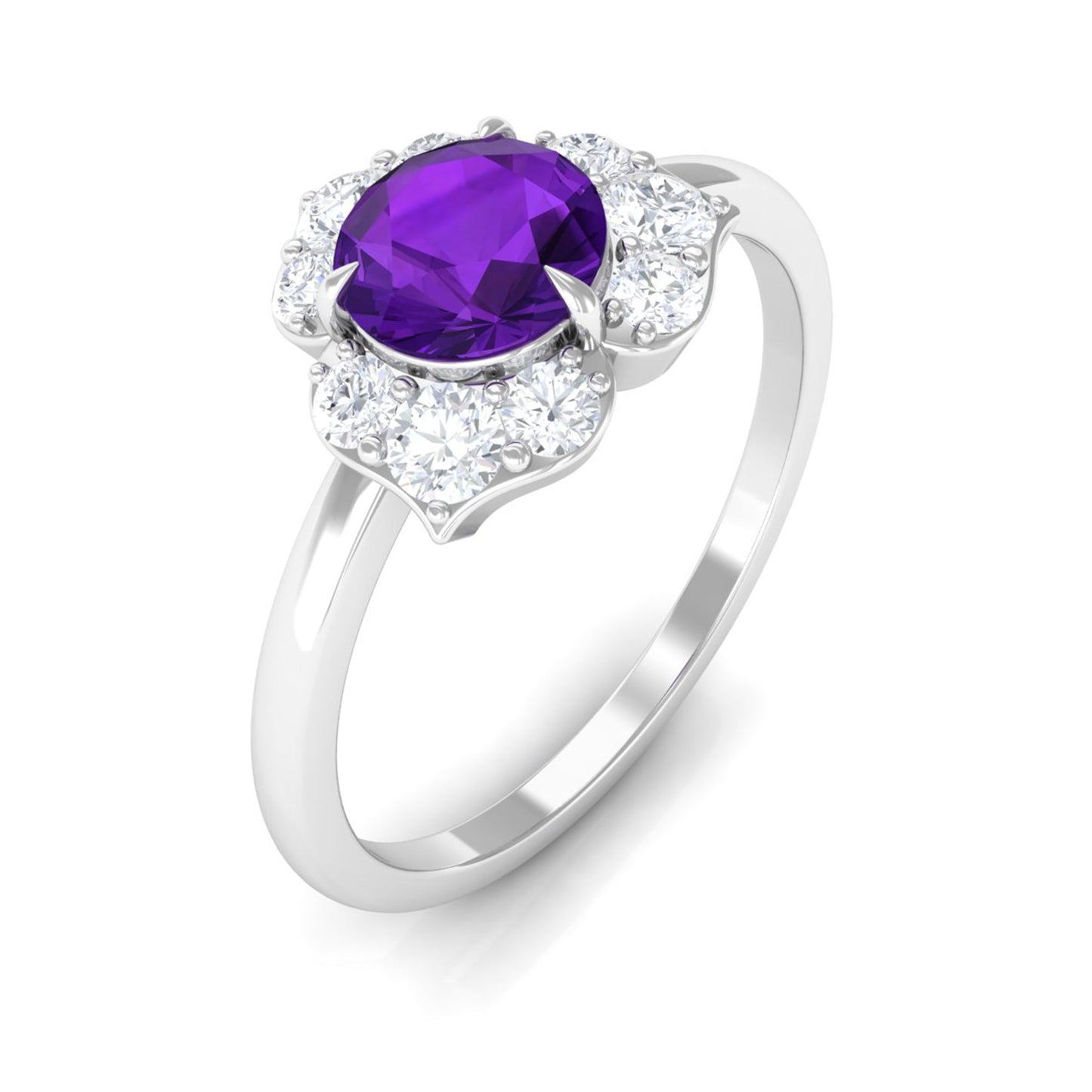Genuine Amethyst Flower Engagement Ring with Diamond