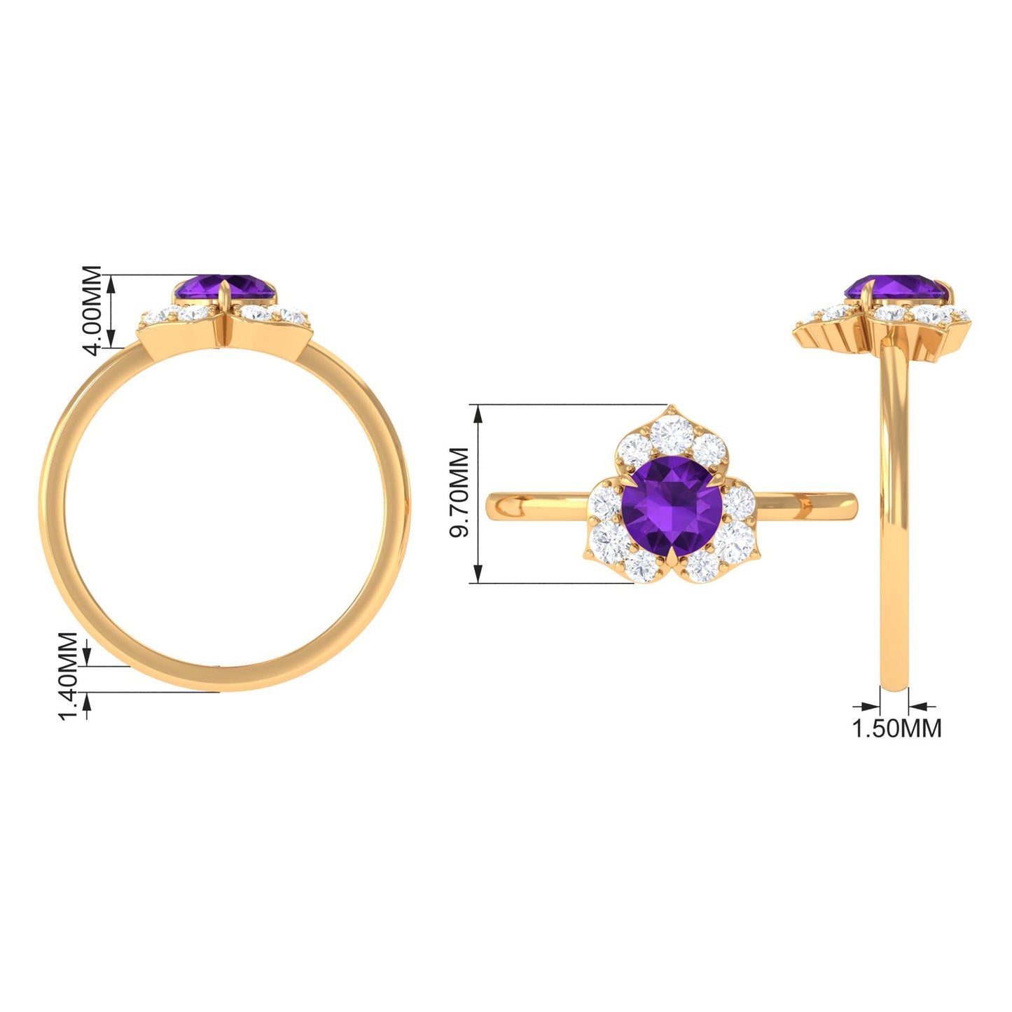 Genuine Amethyst Flower Engagement Ring with Diamond