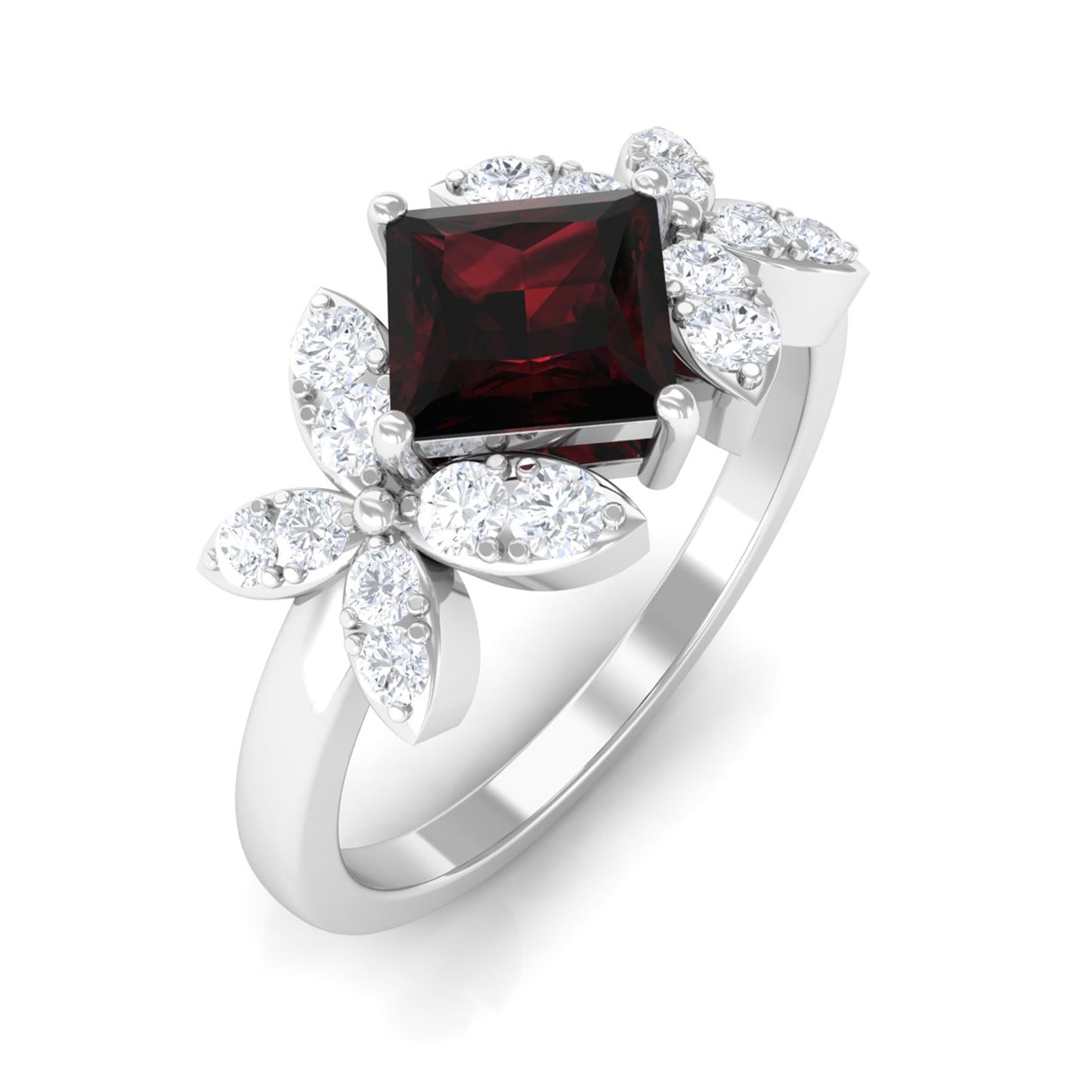Natural 6mm Garnet Princess Cut Engagement Ring with Diamond Flower