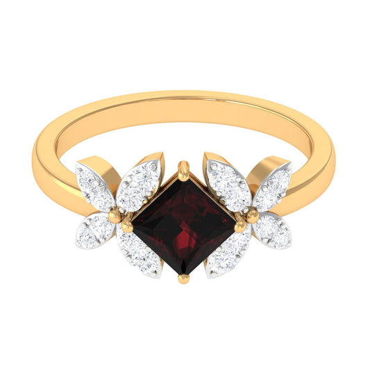 Natural 6mm Garnet Princess Cut Engagement Ring with Diamond Flower