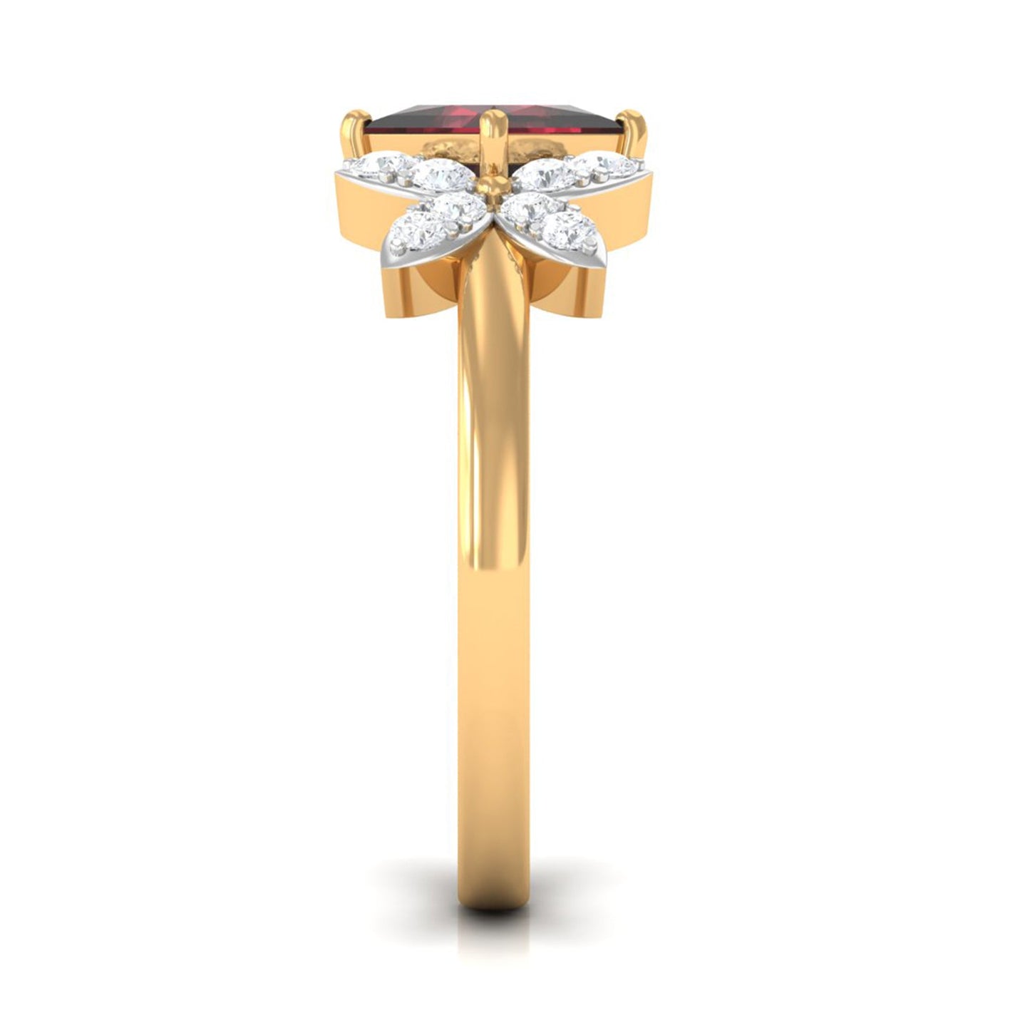 Natural 6mm Garnet Princess Cut Engagement Ring with Diamond Flower
