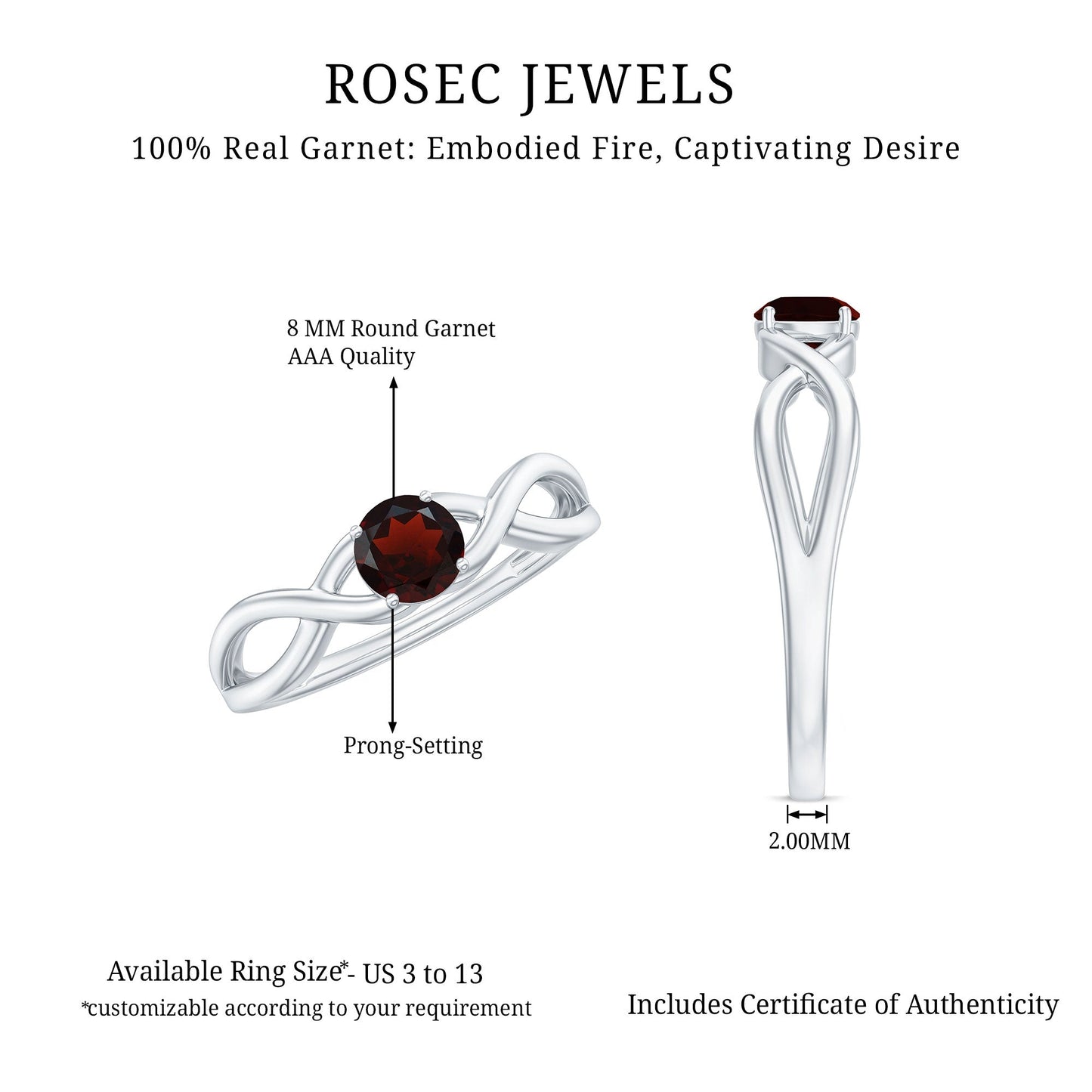 Genuine 8mm Garnet Solitaire Engagement Ring with Crossover Shank