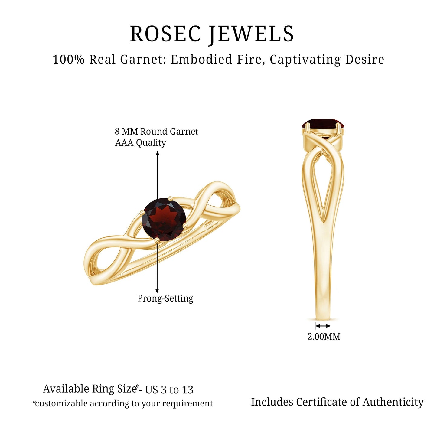 Genuine 8mm Garnet Solitaire Engagement Ring with Crossover Shank