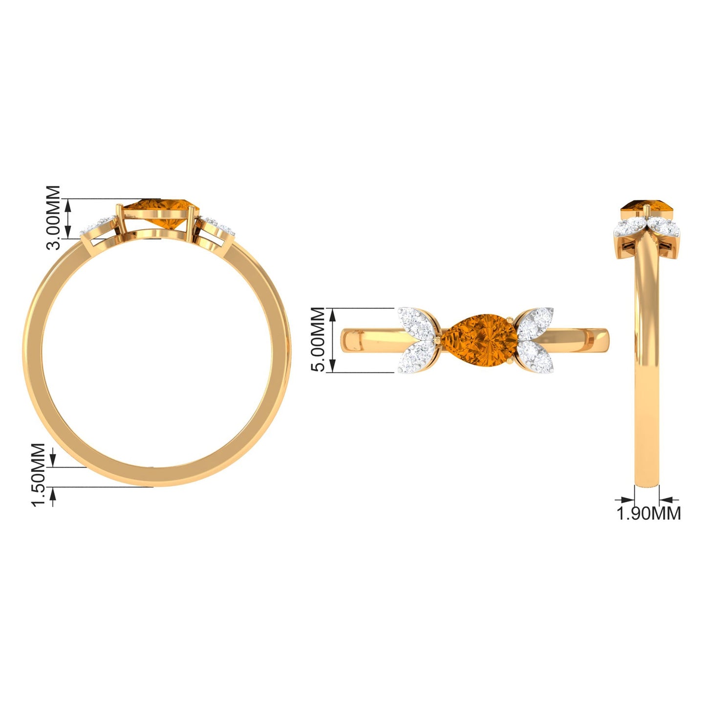 0.75 CT Pear Cut Citrine Promise Ring with Leaf Diamond
