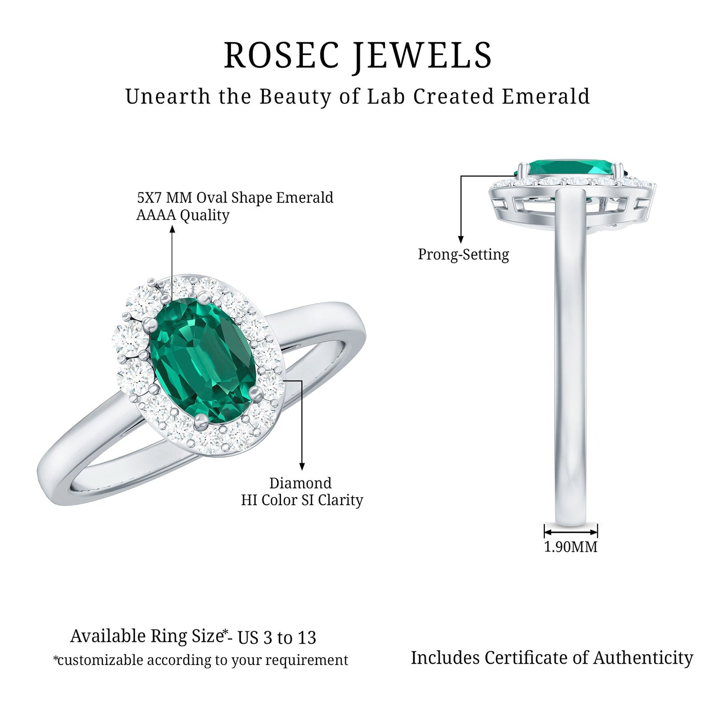 Classic 5X7 mm Oval Lab Grown Emerald Engagement Ring with Diamond Halo