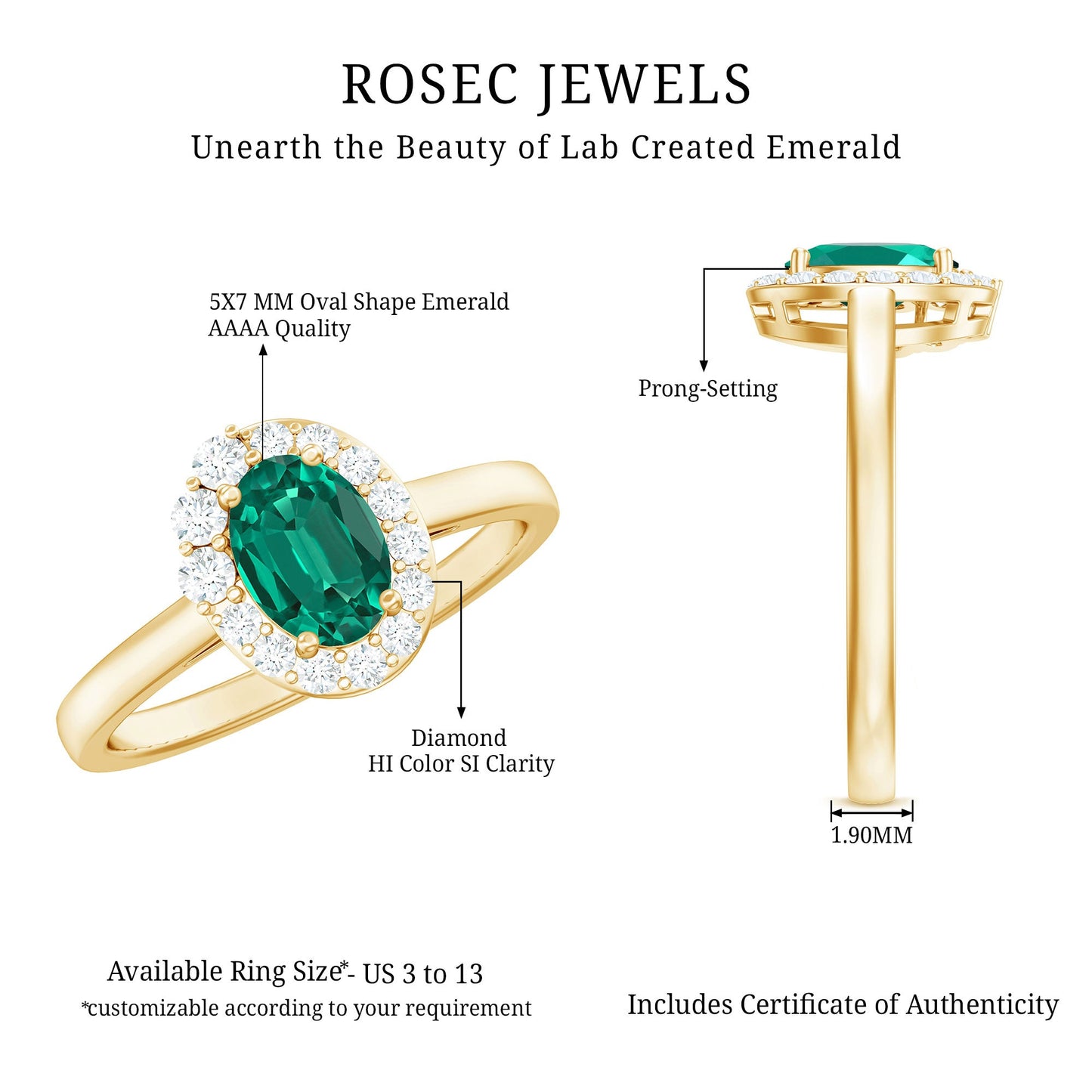 Classic 5X7 mm Oval Lab Grown Emerald Engagement Ring with Diamond Halo