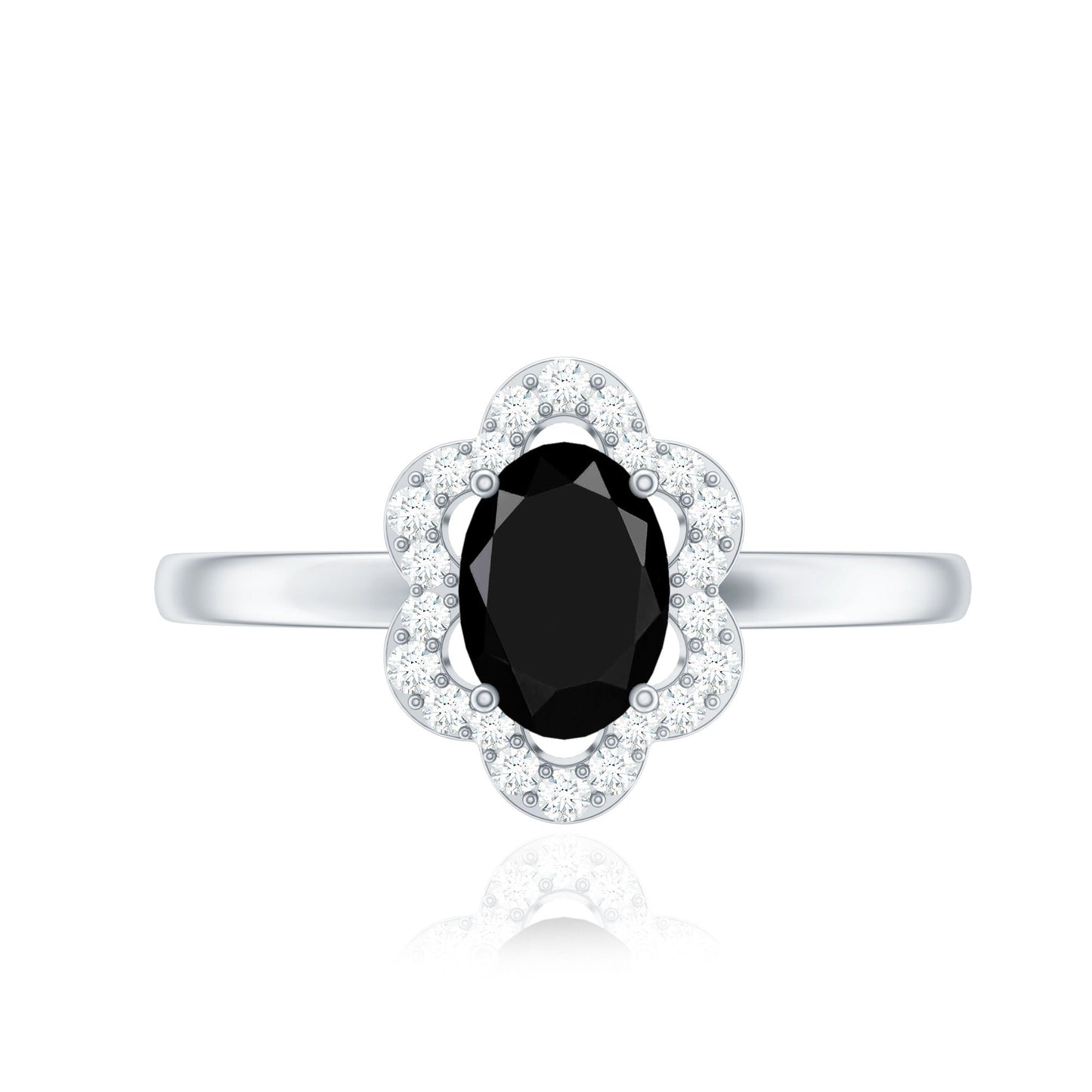 Certified Oval Cut 6X8MM Black Onyx Flower Engagement Ring with Diamond Halo
