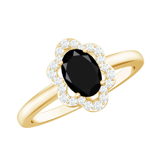 Certified Oval Cut 6X8MM Black Onyx Flower Engagement Ring with Diamond Halo