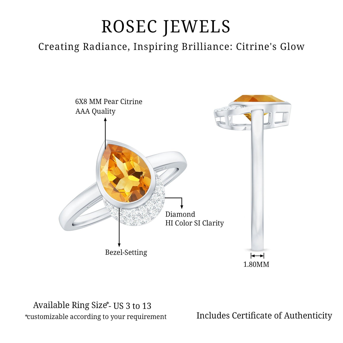 Real 6X8mm Citrine Teardrop Engagement Ring with Diamond